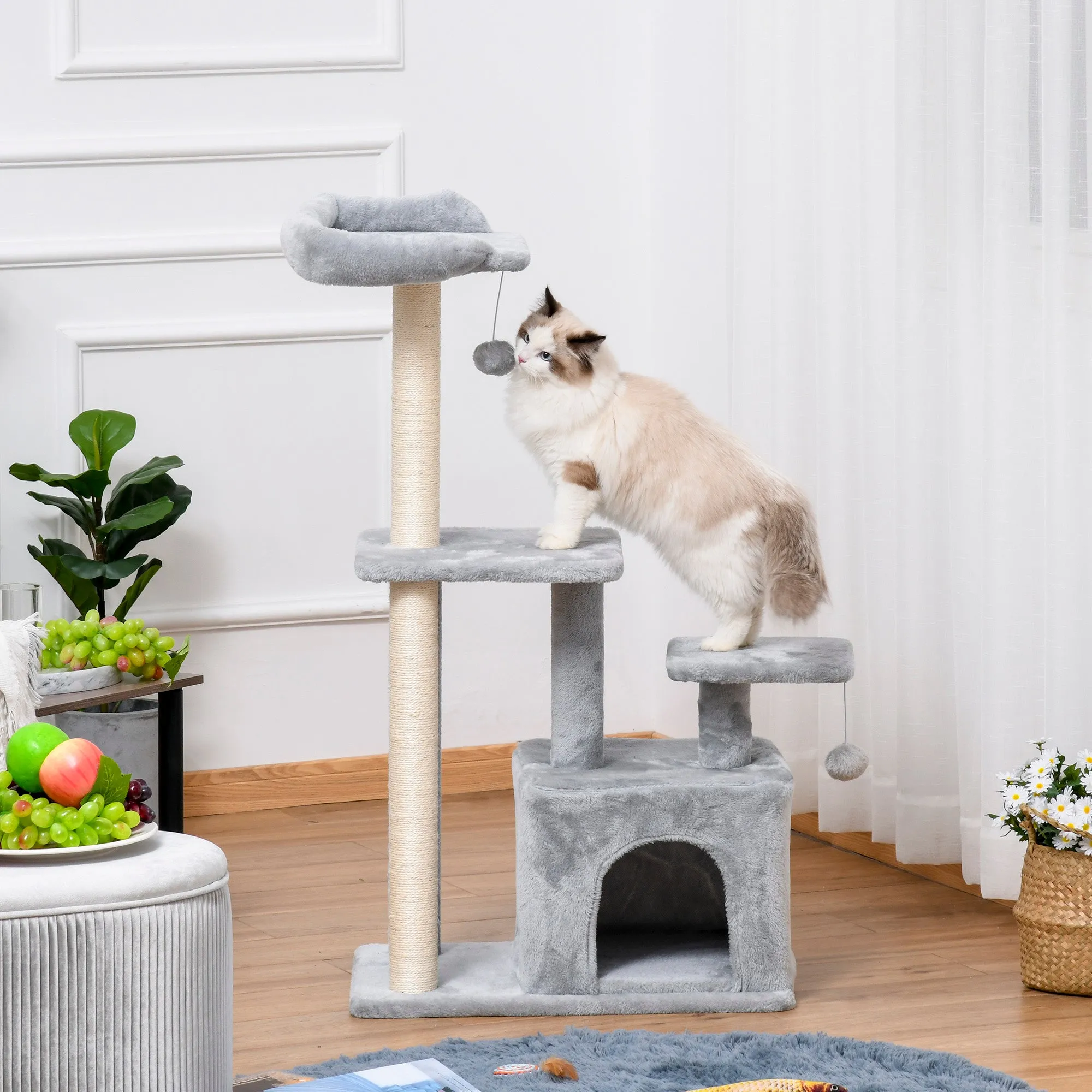 Cat tree Tower 114cm Climbing Activity Centre Kitten with Sisal Scratching Post Perch Hanging Ball Condo Toy Grey