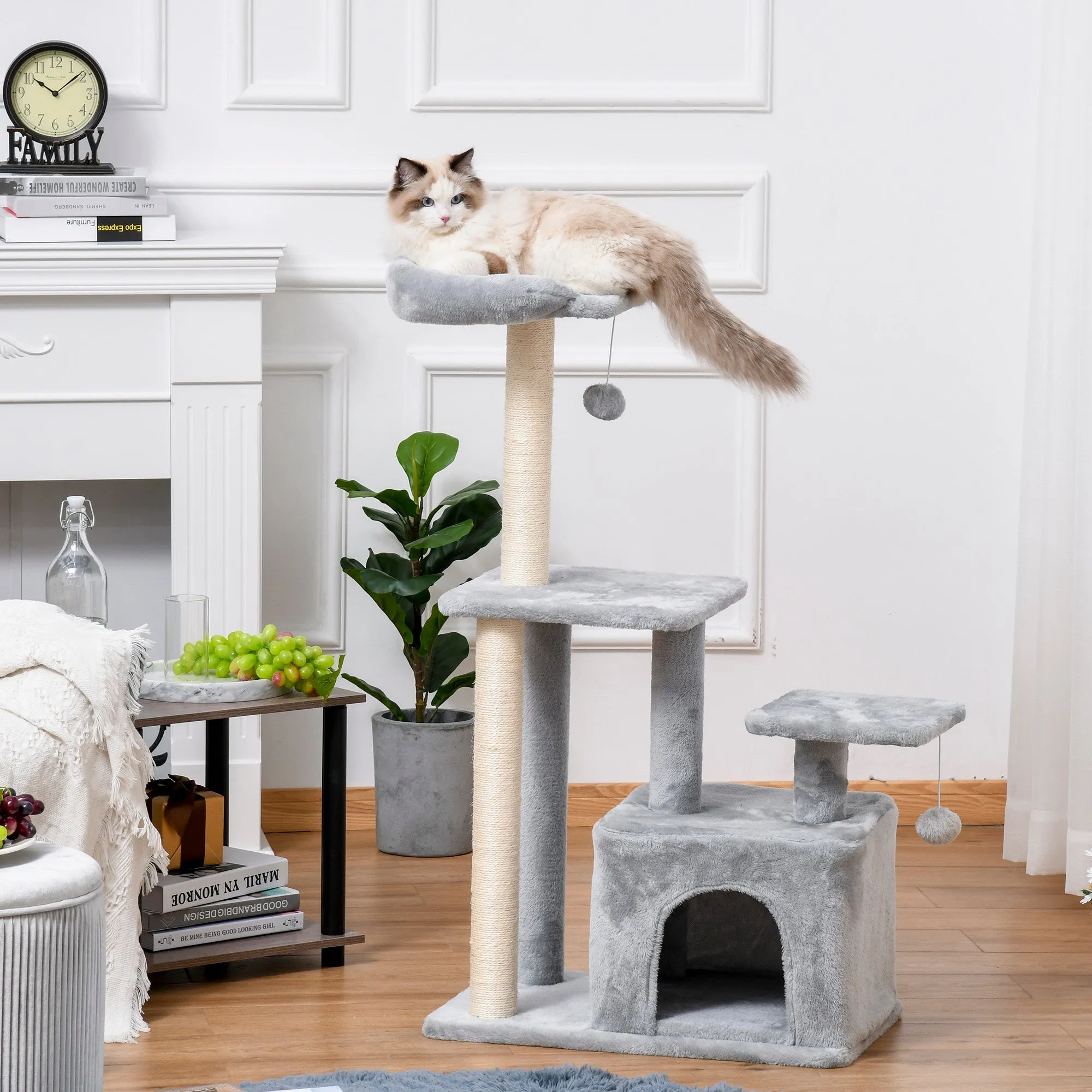 Cat tree Tower 114cm Climbing Activity Centre Kitten with Sisal Scratching Post Perch Hanging Ball Condo Toy Grey