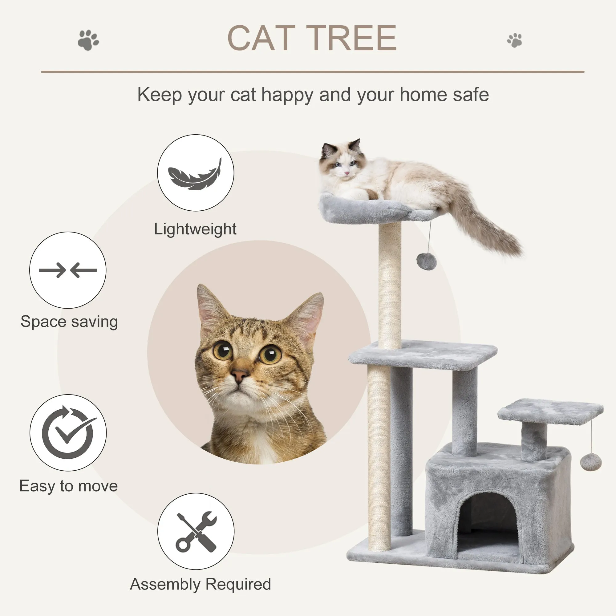 Cat tree Tower 114cm Climbing Activity Centre Kitten with Sisal Scratching Post Perch Hanging Ball Condo Toy Grey