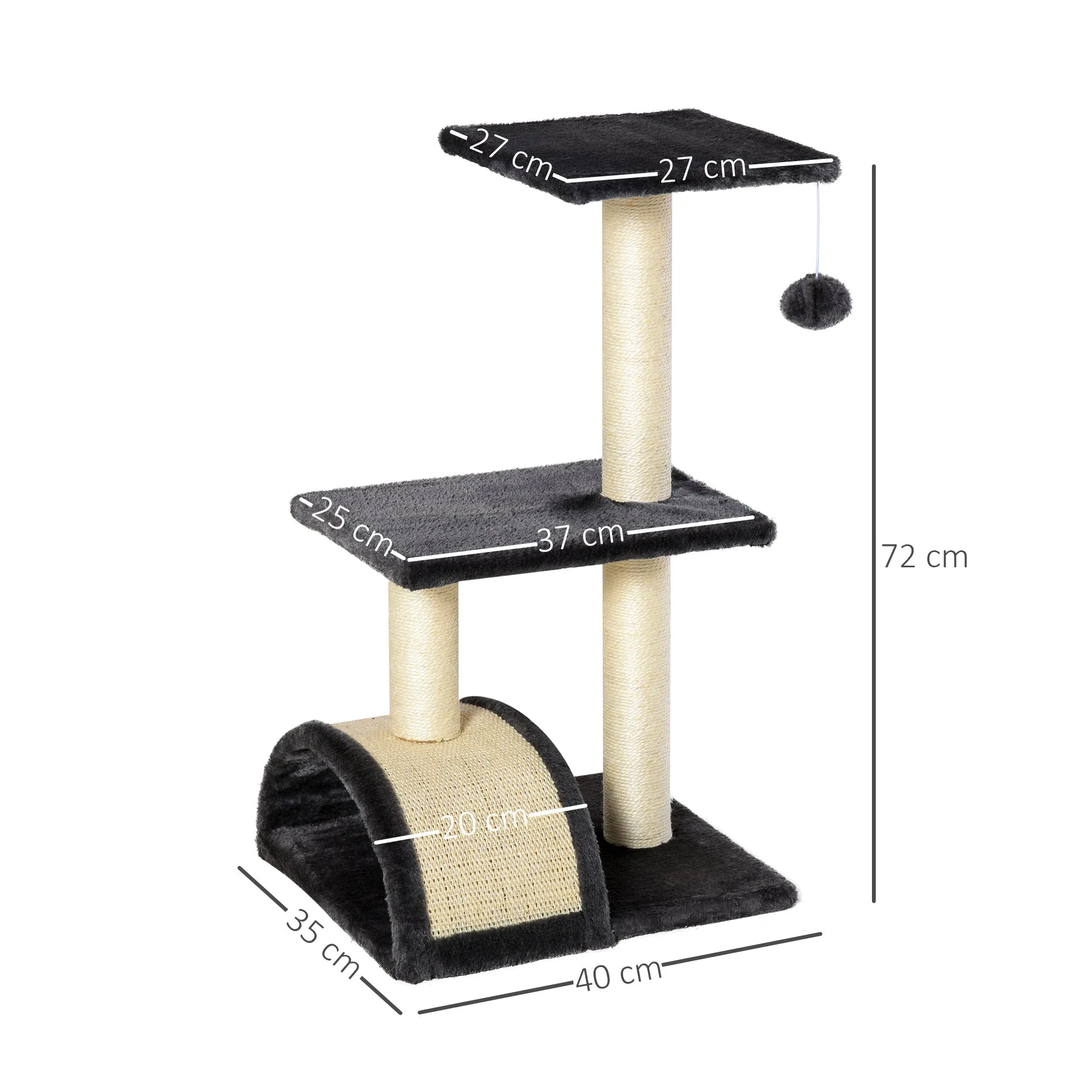 Cat tree Tower 72cm Climbing Activity Centre Kitten with Sisal Scratching Post Pad Arc Perch Hanging Ball Toy Grey