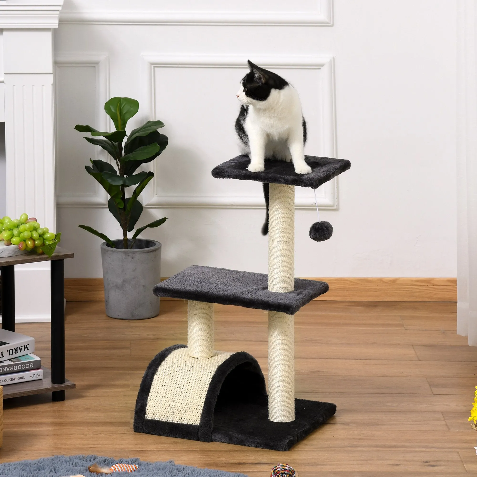 Cat tree Tower 72cm Climbing Activity Centre Kitten with Sisal Scratching Post Pad Arc Perch Hanging Ball Toy Grey