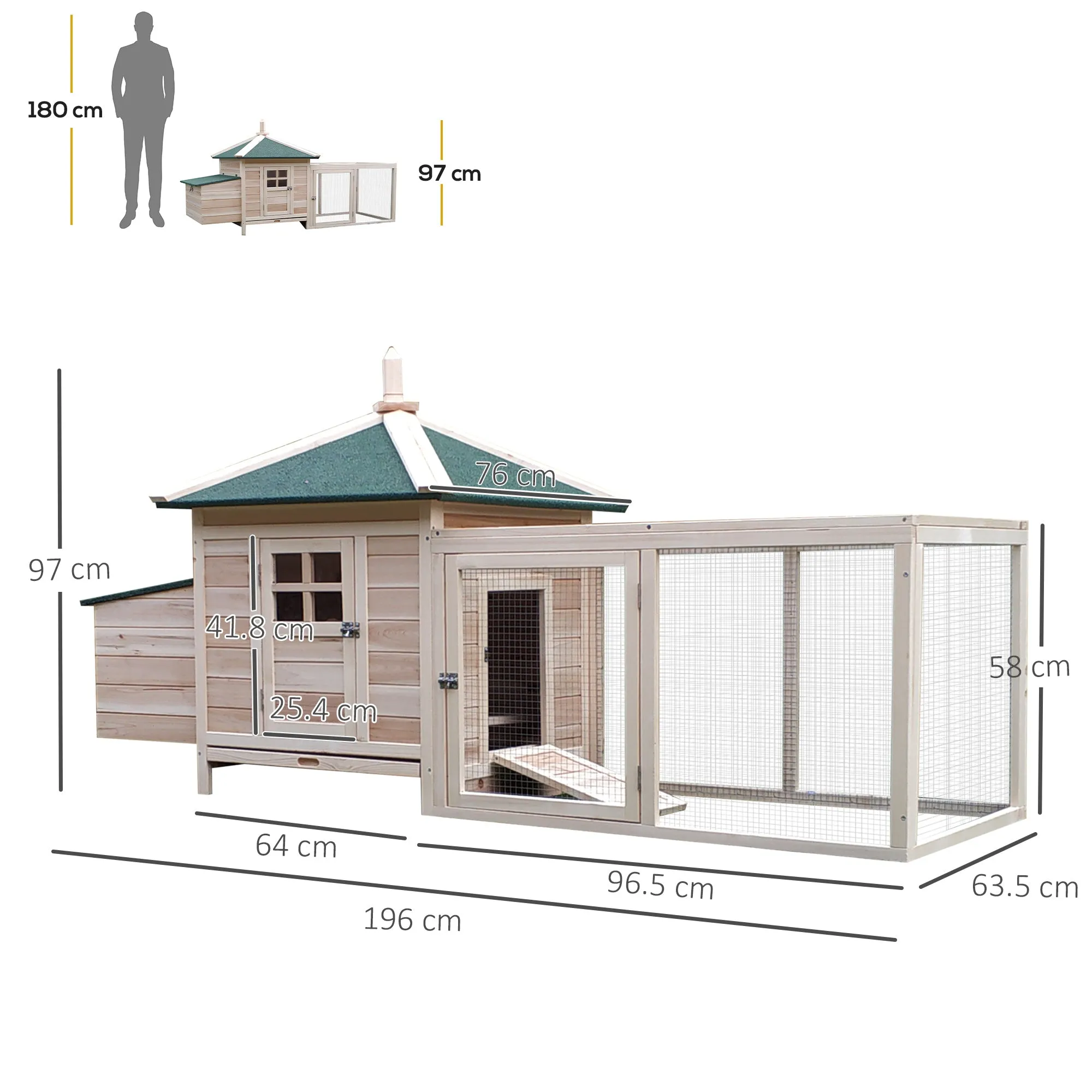 Chicken Coop with Run Hen House Poultry Coops Cages Pen Outdoor Backyard with Nesting Box 196 x 76 x 97cm Natural