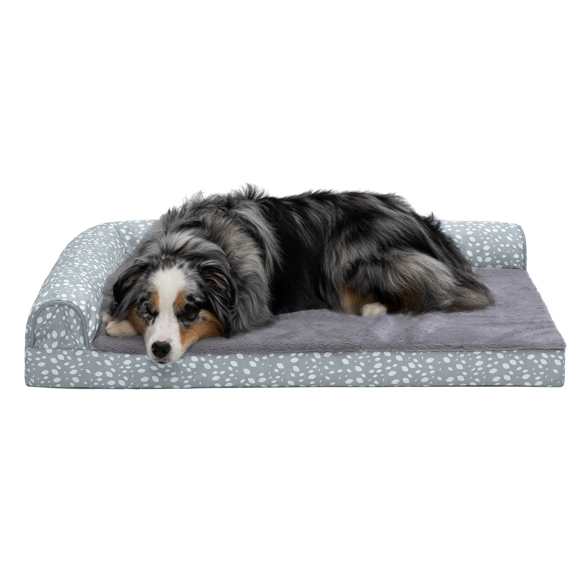 Deluxe Chaise Lounge Dog Bed - Plush Faux Fur & Almond Print