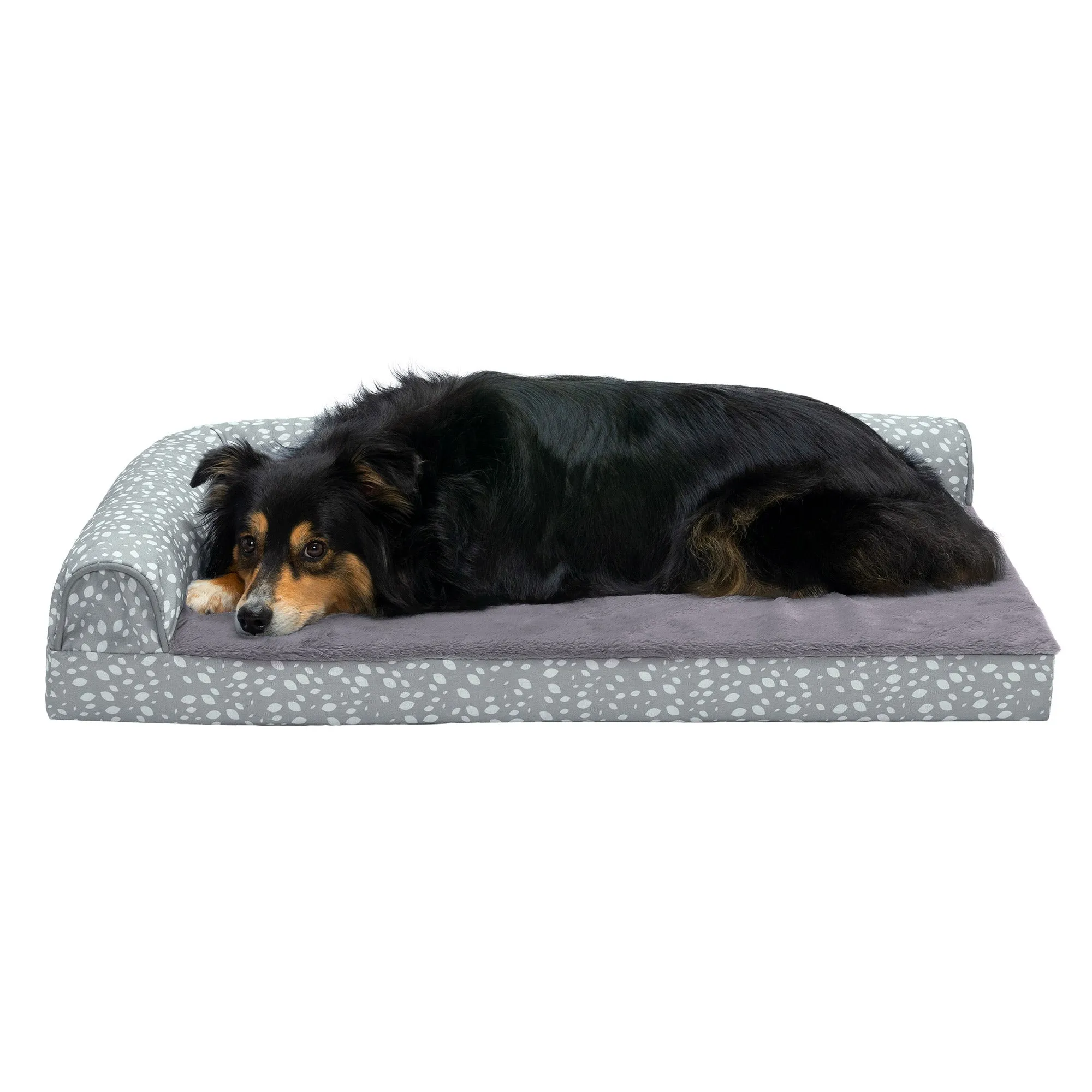 Deluxe Chaise Lounge Dog Bed - Plush Faux Fur & Almond Print