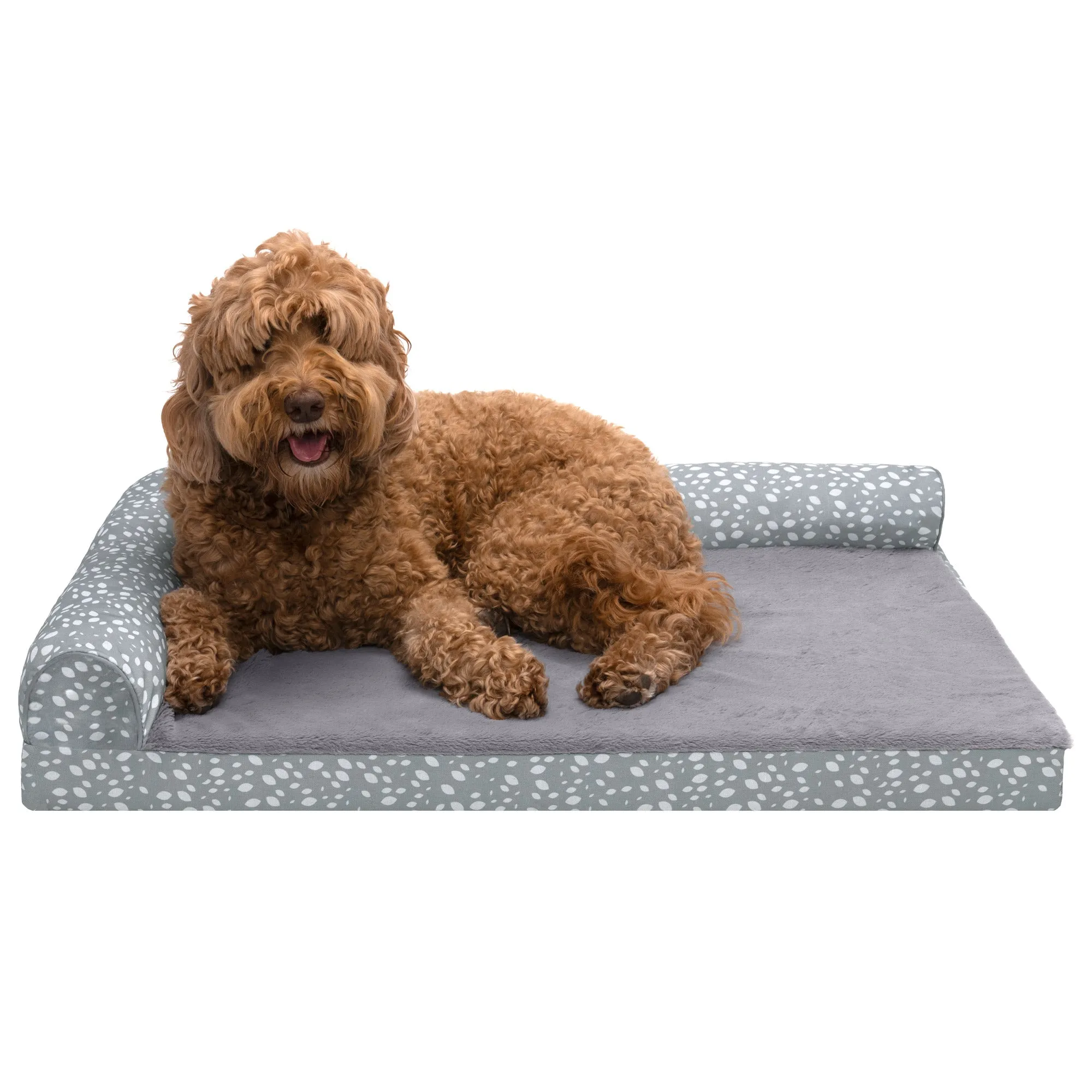 Deluxe Chaise Lounge Dog Bed - Plush Faux Fur & Almond Print