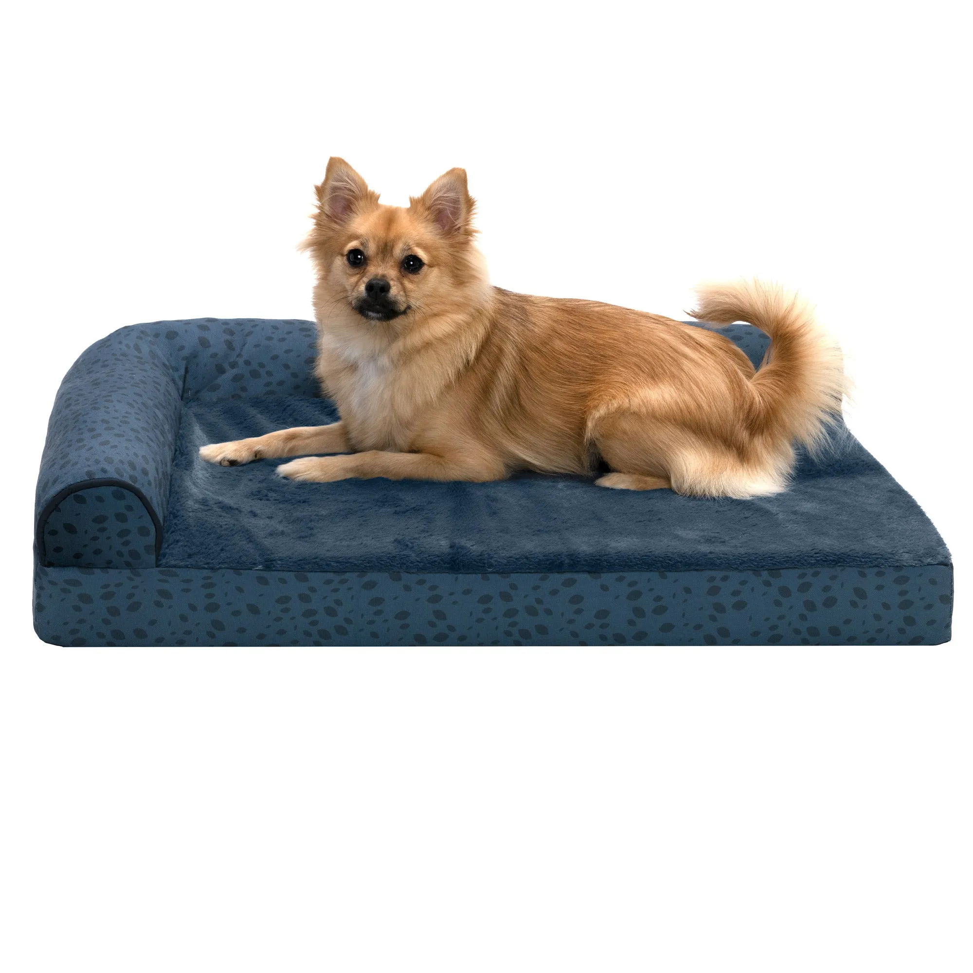 Deluxe Chaise Lounge Dog Bed - Plush Faux Fur & Almond Print