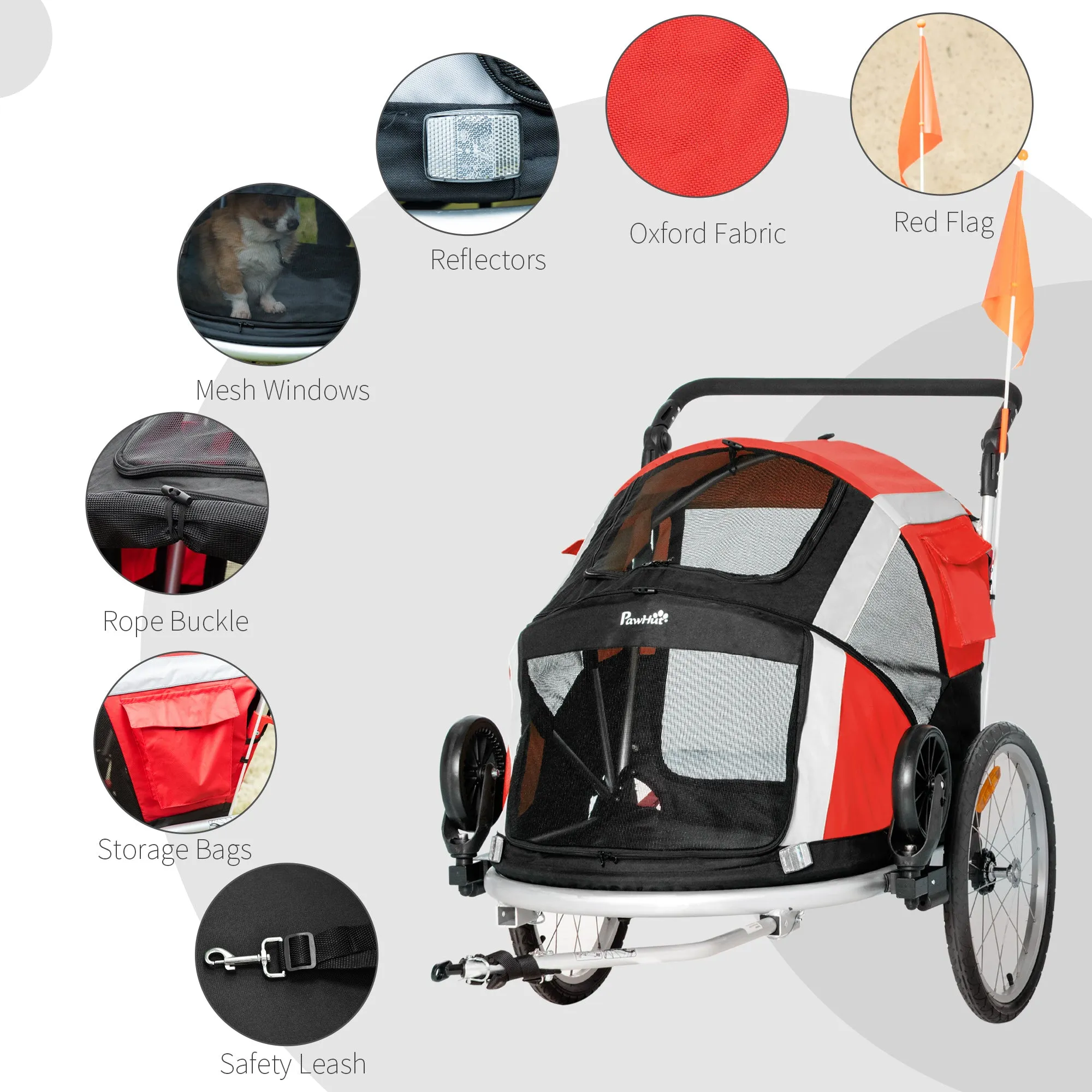 Dog Bike Trailer 2-in-1 Pet Stroller for Large Dogs Cart Foldable Bicycle Carrier Aluminium Frame with Safety Leash Hitch Coupler Reflector Flag Red