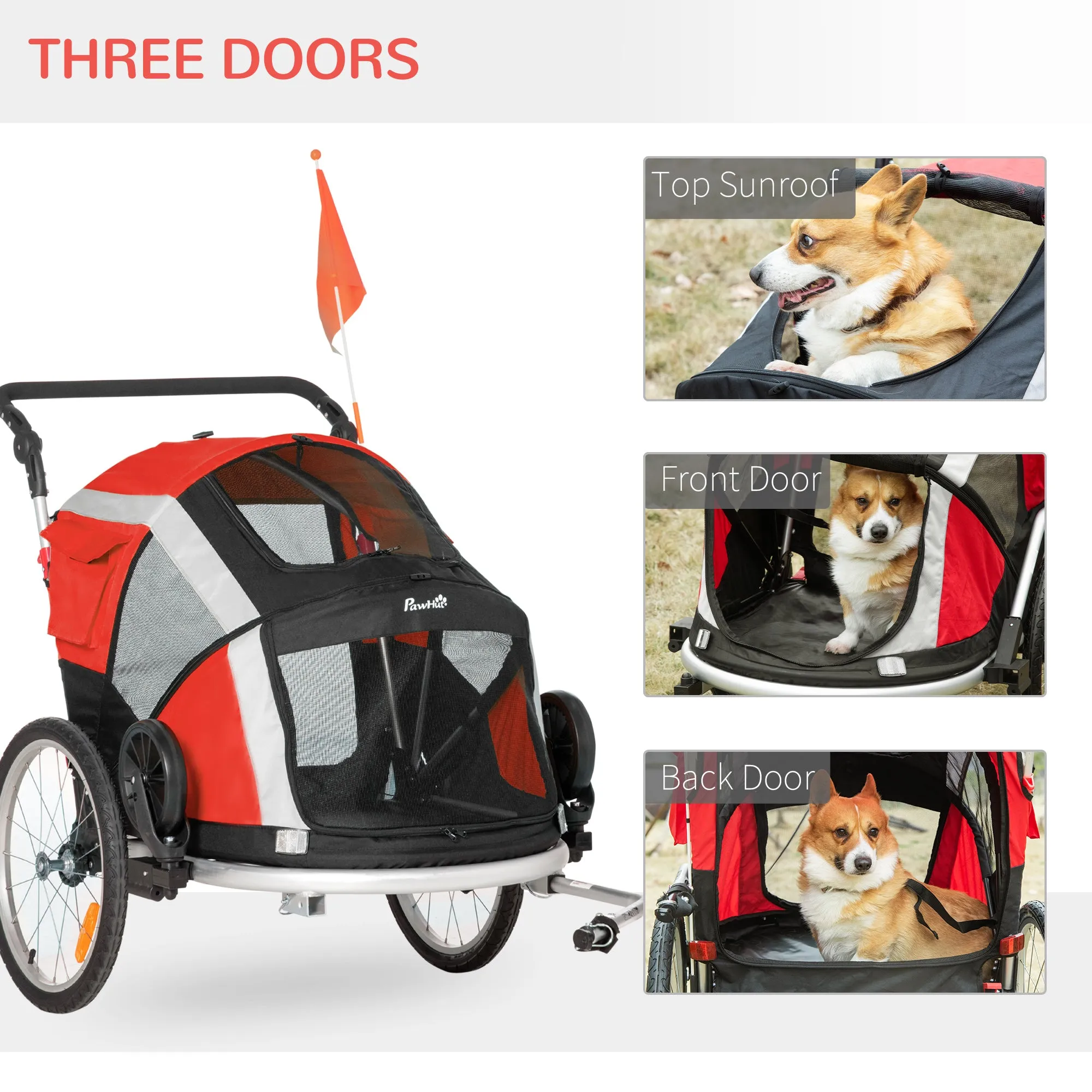 Dog Bike Trailer 2-in-1 Pet Stroller for Large Dogs Cart Foldable Bicycle Carrier Aluminium Frame with Safety Leash Hitch Coupler Reflector Flag Red