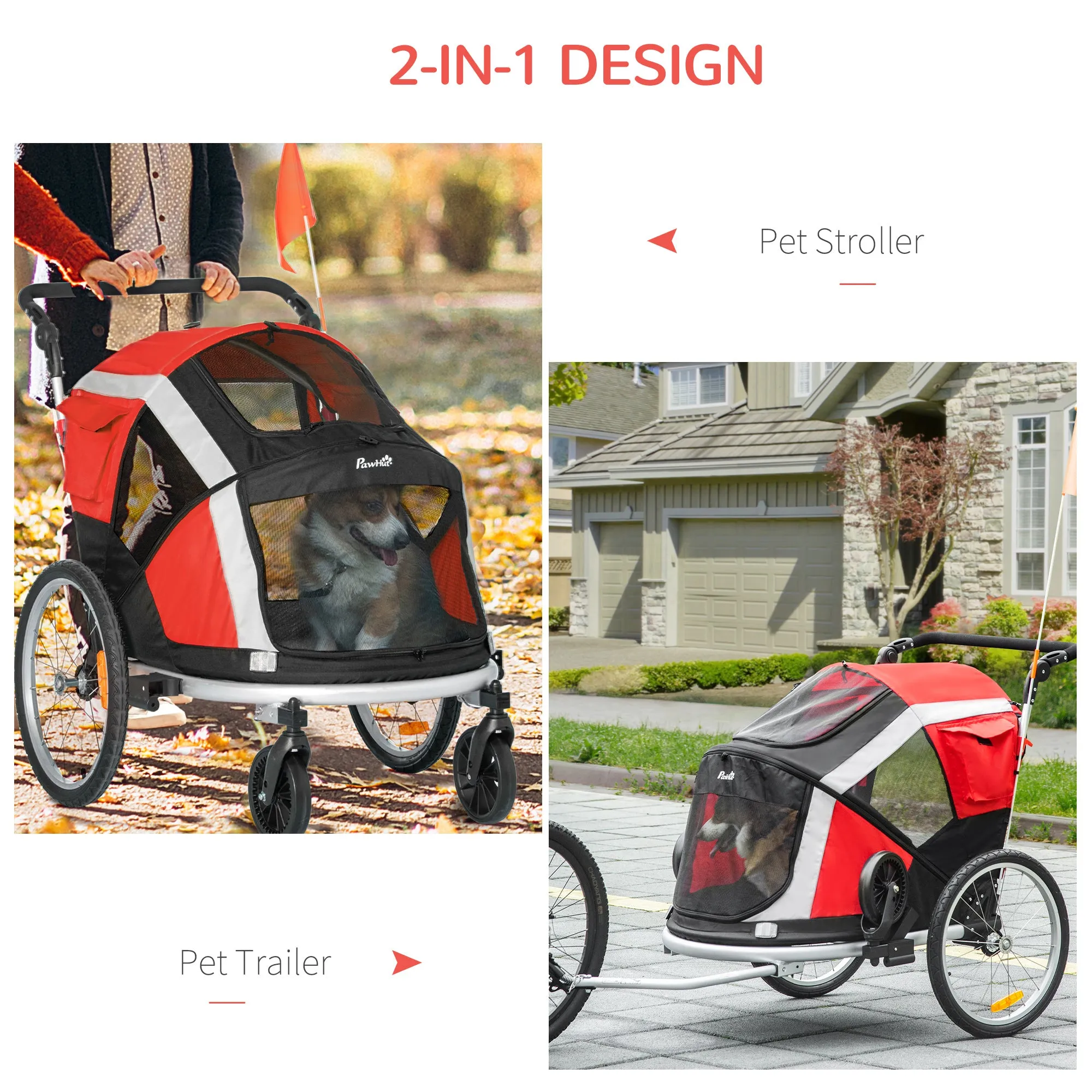 Dog Bike Trailer 2-in-1 Pet Stroller for Large Dogs Cart Foldable Bicycle Carrier Aluminium Frame with Safety Leash Hitch Coupler Reflector Flag Red