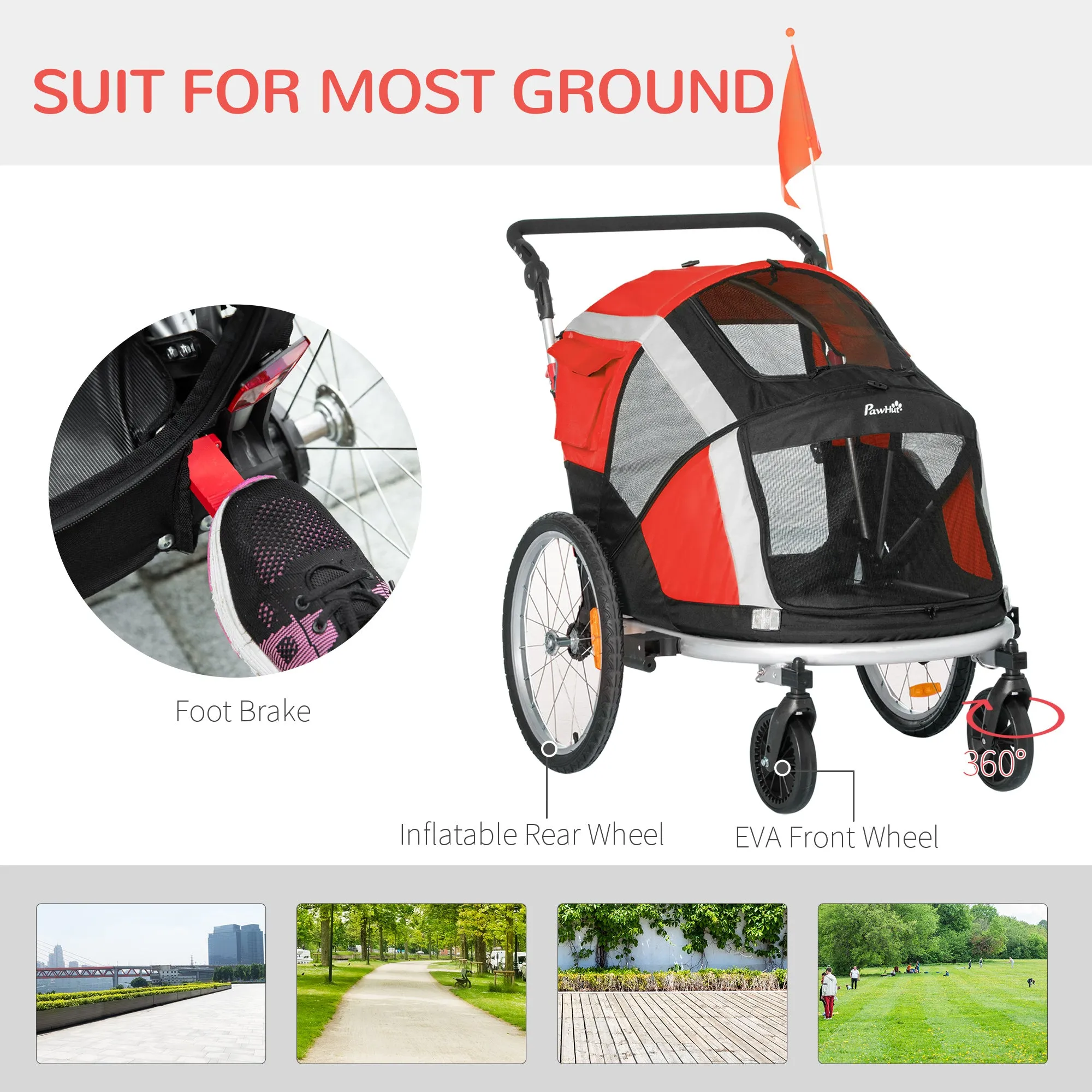 Dog Bike Trailer 2-in-1 Pet Stroller for Large Dogs Cart Foldable Bicycle Carrier Aluminium Frame with Safety Leash Hitch Coupler Reflector Flag Red