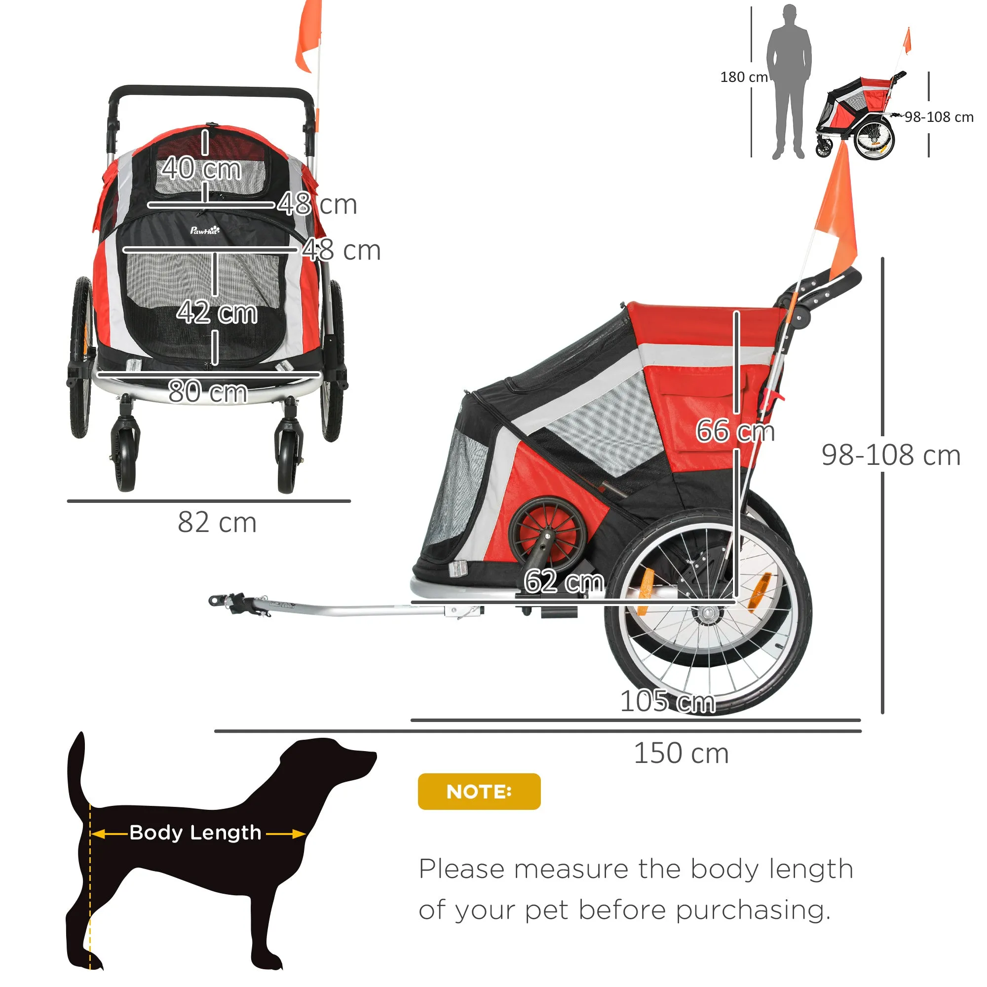 Dog Bike Trailer 2-in-1 Pet Stroller for Large Dogs Cart Foldable Bicycle Carrier Aluminium Frame with Safety Leash Hitch Coupler Reflector Flag Red