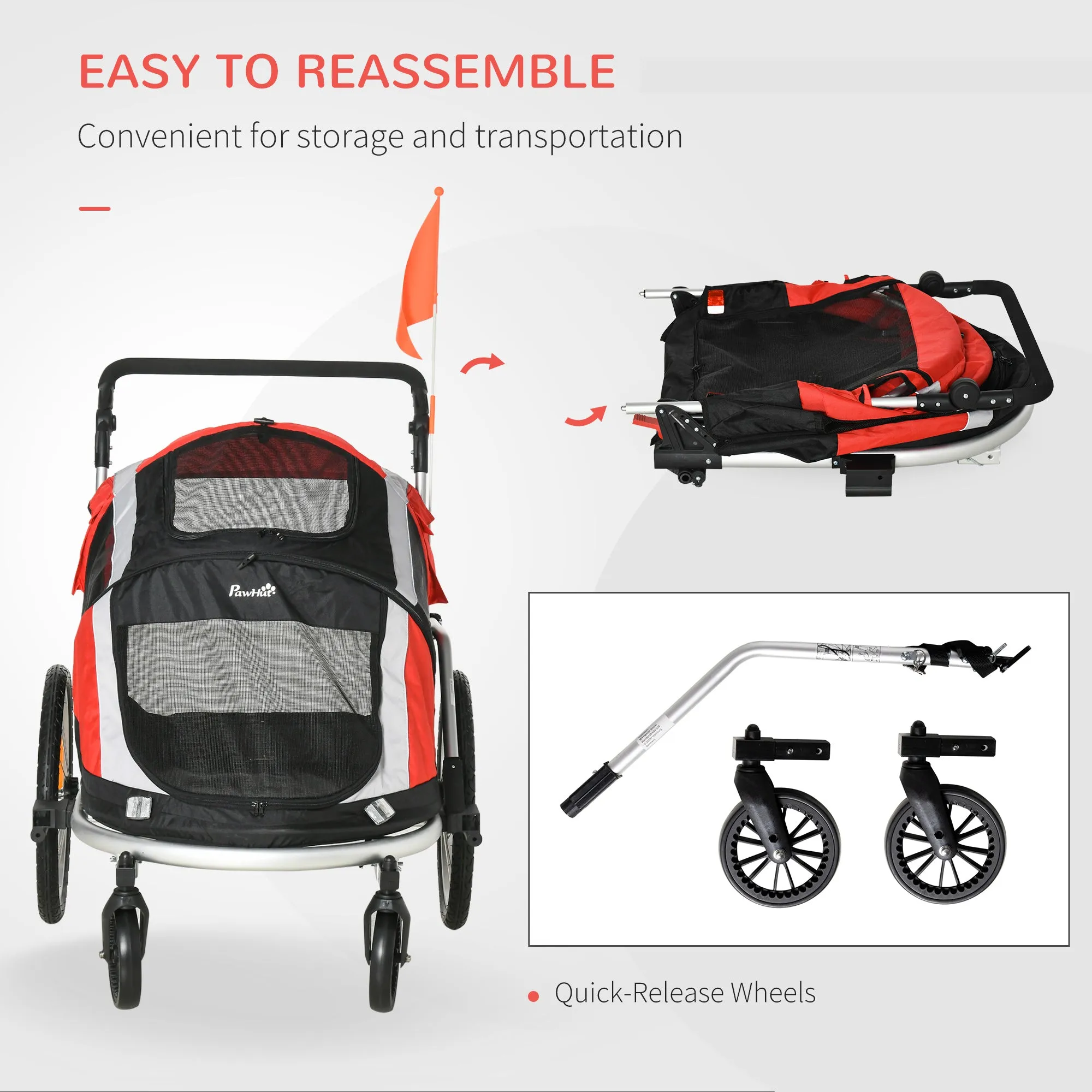 Dog Bike Trailer 2-in-1 Pet Stroller for Large Dogs Cart Foldable Bicycle Carrier Aluminium Frame with Safety Leash Hitch Coupler Reflector Flag Red