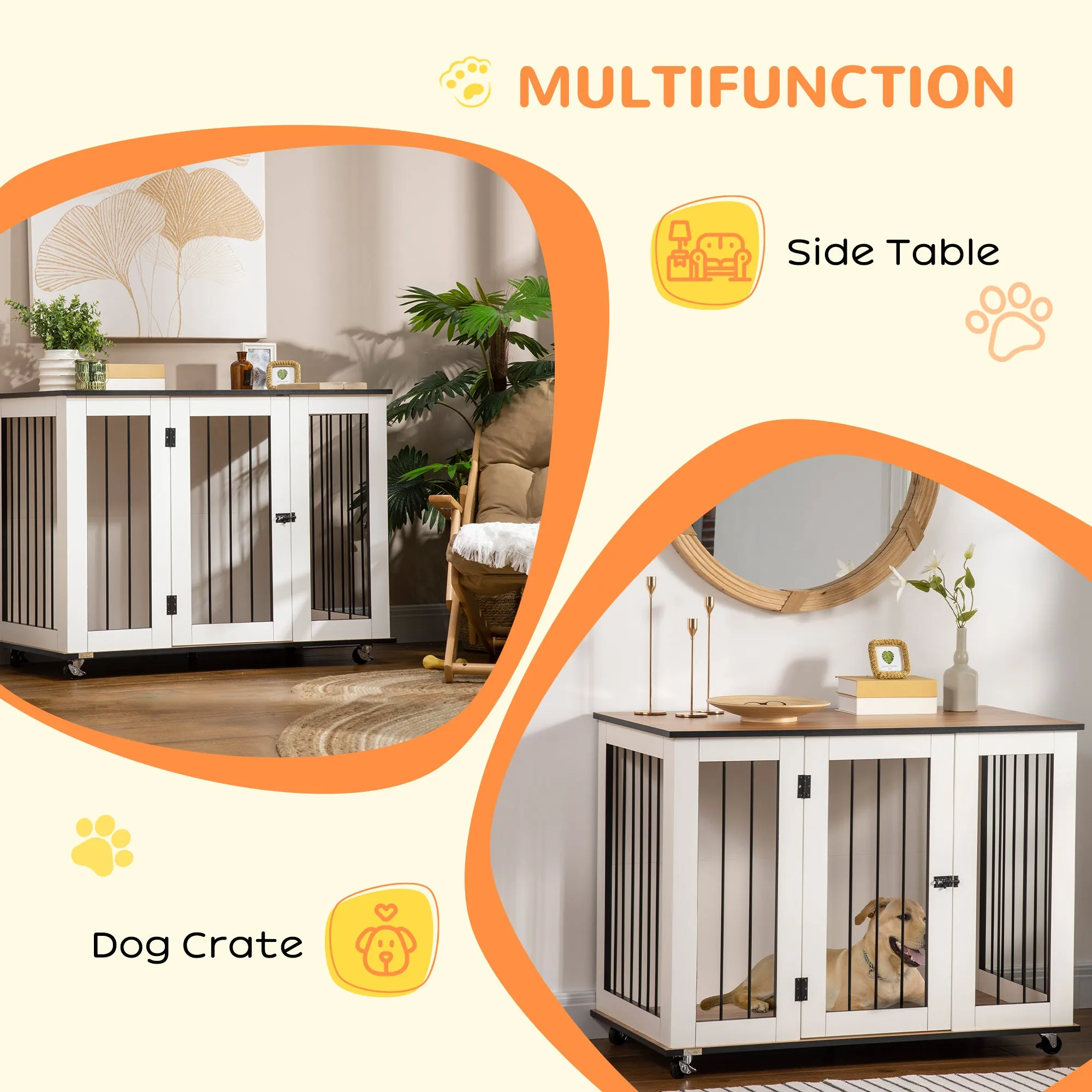 Dog Crate Furniture, Dog Cage End Table with Wheels, Lockable Door, for Medium Dogs, 106 x 60 x 82 cm - White