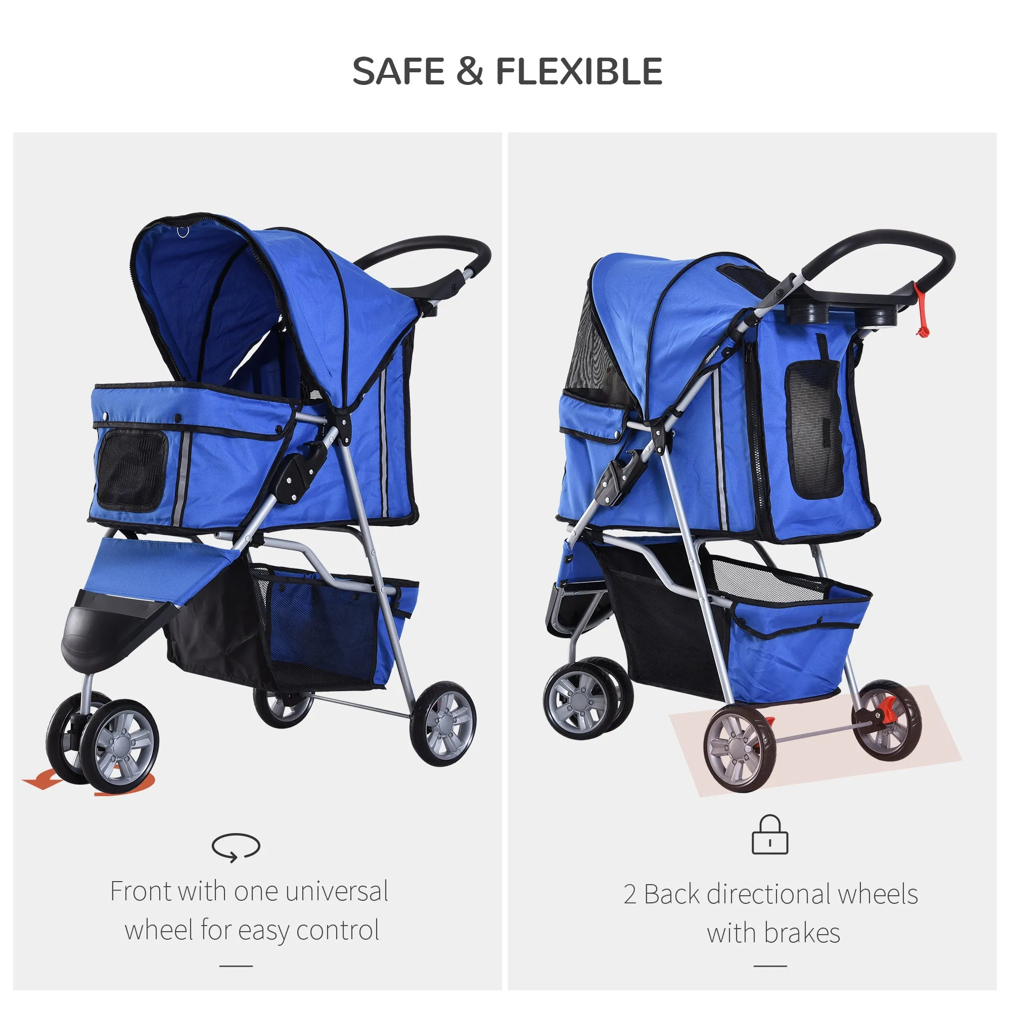 Dog Pram Pet Travel Stroller Dog Pushchair W/Three Wheels-Blue