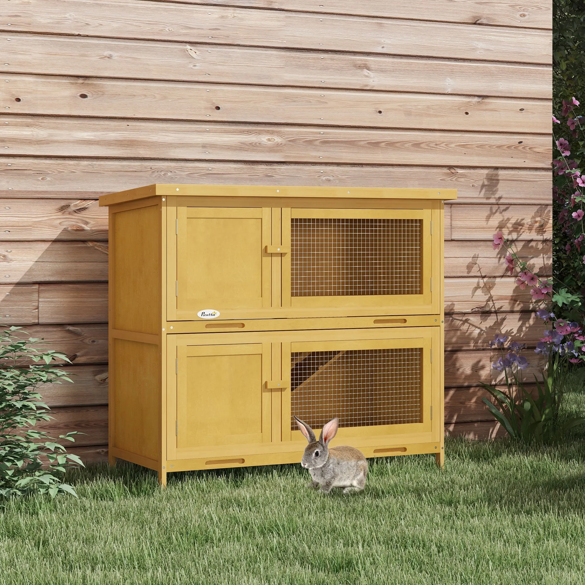 Double Decker Rabbit Hutch Bunny Cage Pet House Outdoor W/ Tray, Yellow