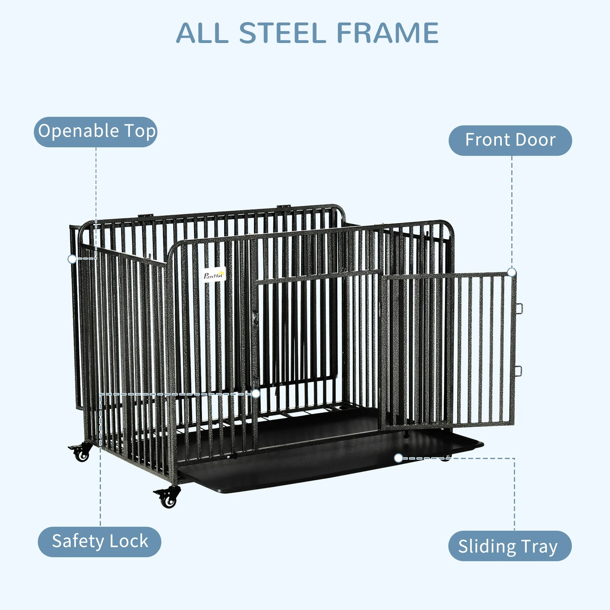 Foldable Heavy Duty Dog Crate, Dog Cage on Wheels, Portable Dog Kennel with Removable Tray, for Large and Medium Dogs