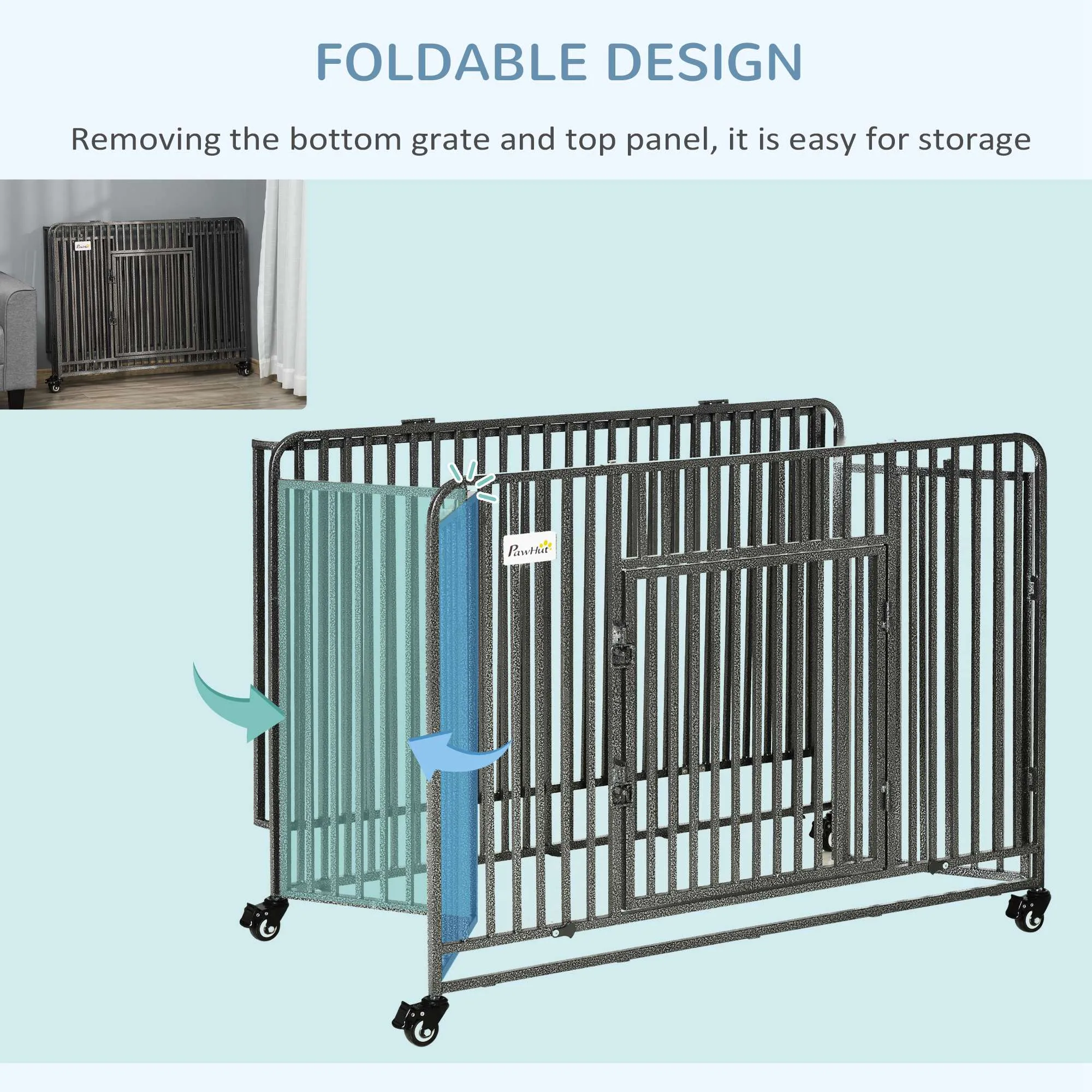 Foldable Heavy Duty Dog Crate, Dog Cage on Wheels, Portable Dog Kennel with Removable Tray, for Large and Medium Dogs