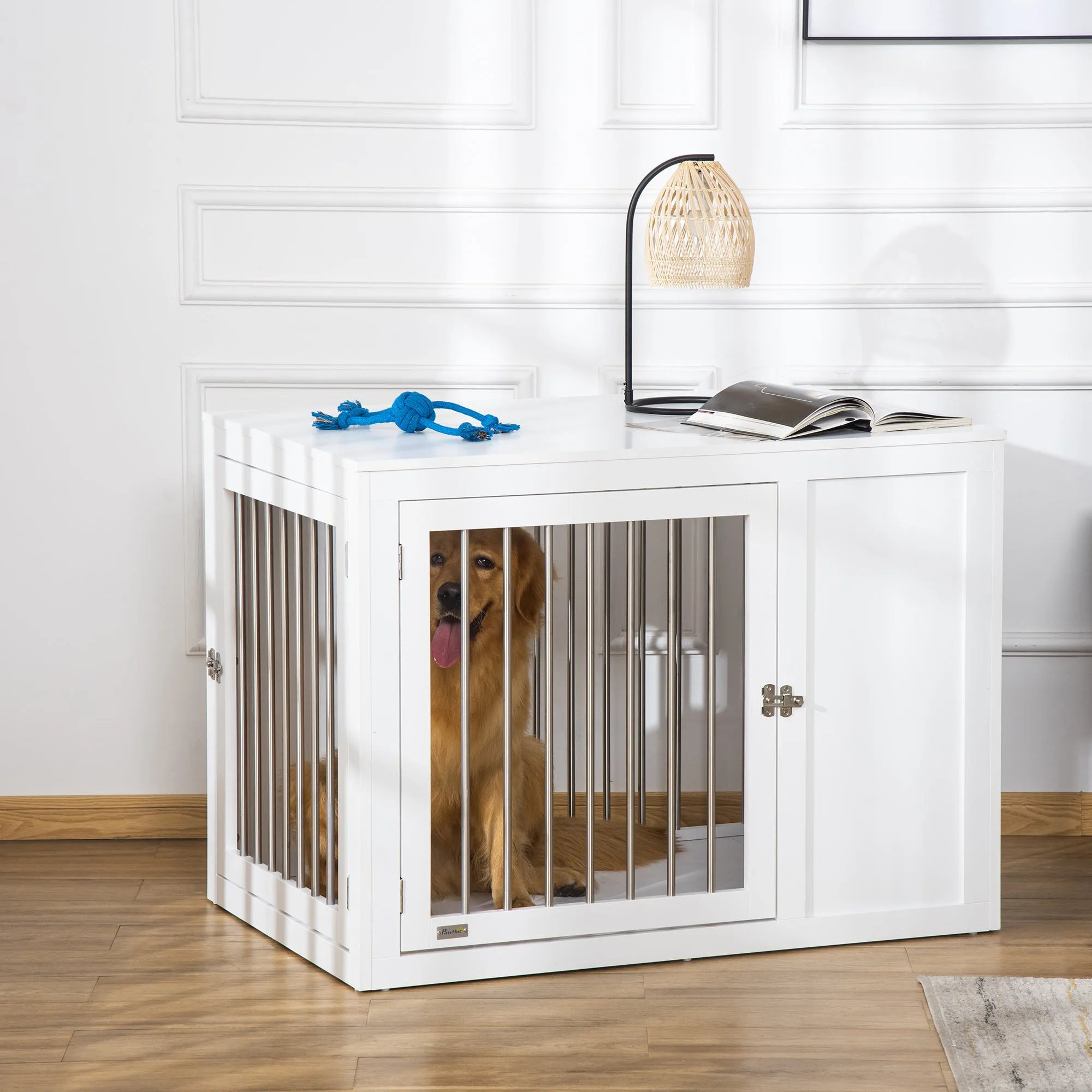 Furniture Style Dog Crate with Two Doors, End Table Pet Cage Kennel with Locks, for Medium and Large Dogs - White