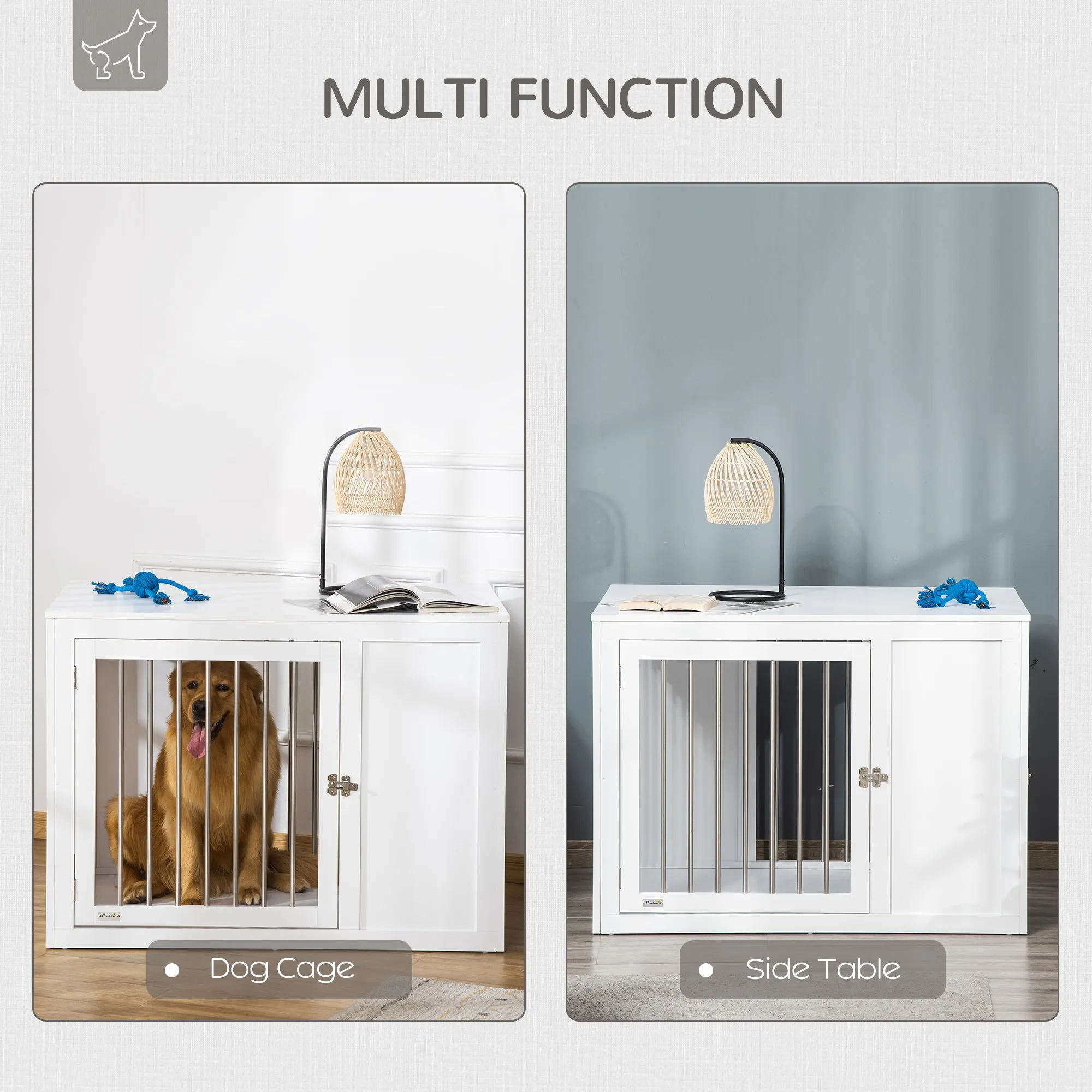 Furniture Style Dog Crate with Two Doors, End Table Pet Cage Kennel with Locks, for Medium and Large Dogs - White