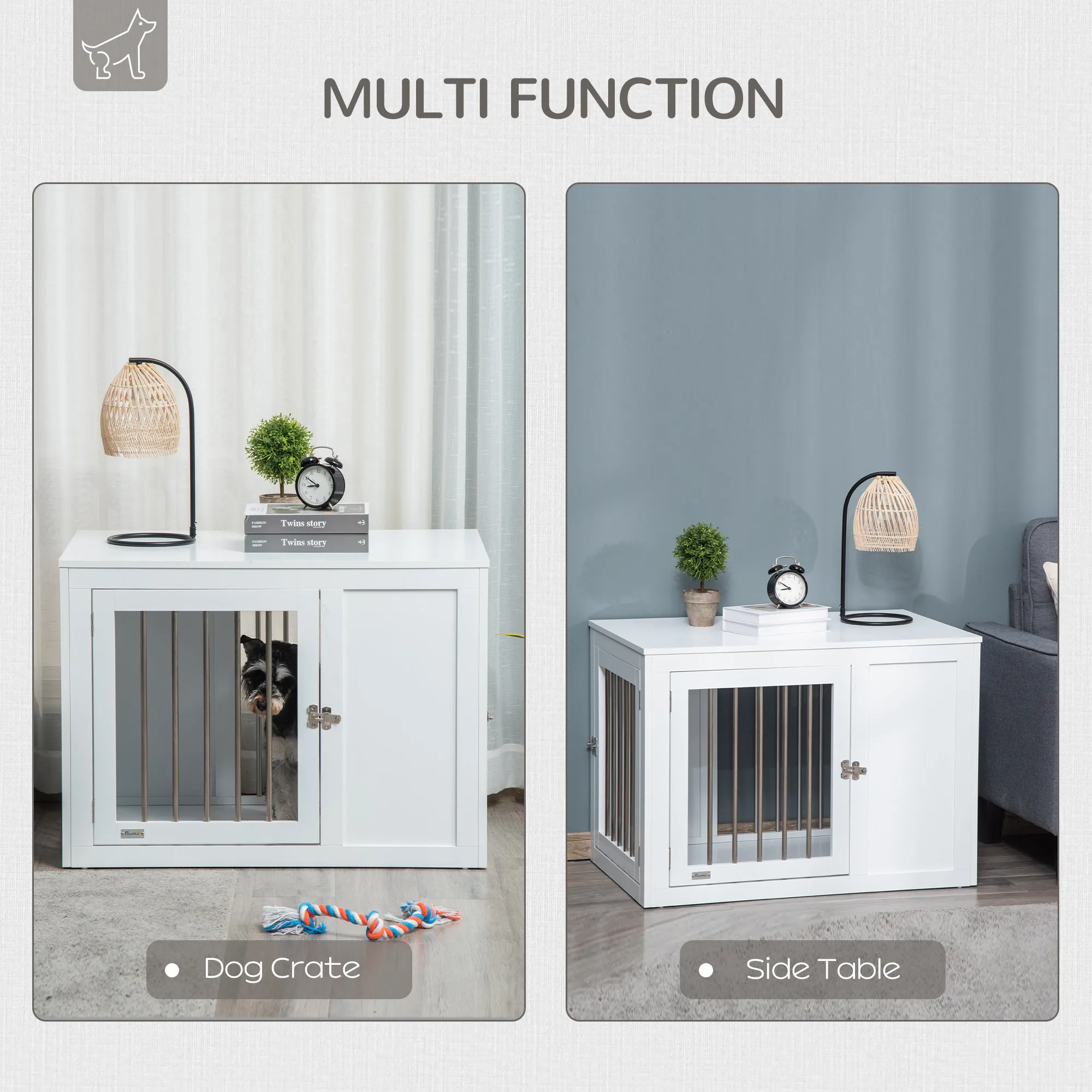 Furniture Style Dog Crate with Two Doors, End Table Pet Cage Kennel with Locks, for Medium Dogs - White