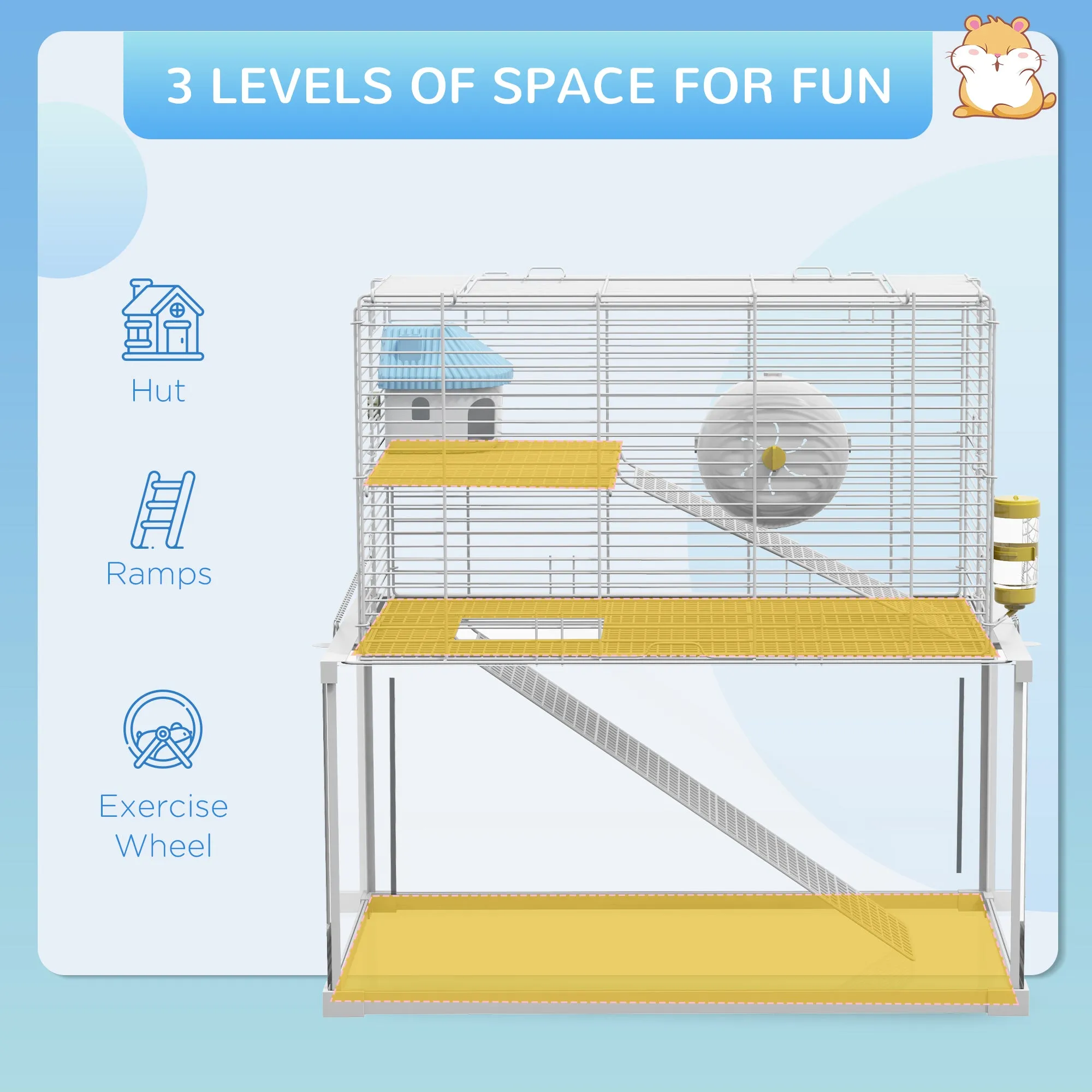 Gerbil Cage, Dwarf Hamster Cage w/ Deep Glass Bottom, Ramps Platforms Hut Exercise Wheel Water Bottle - White