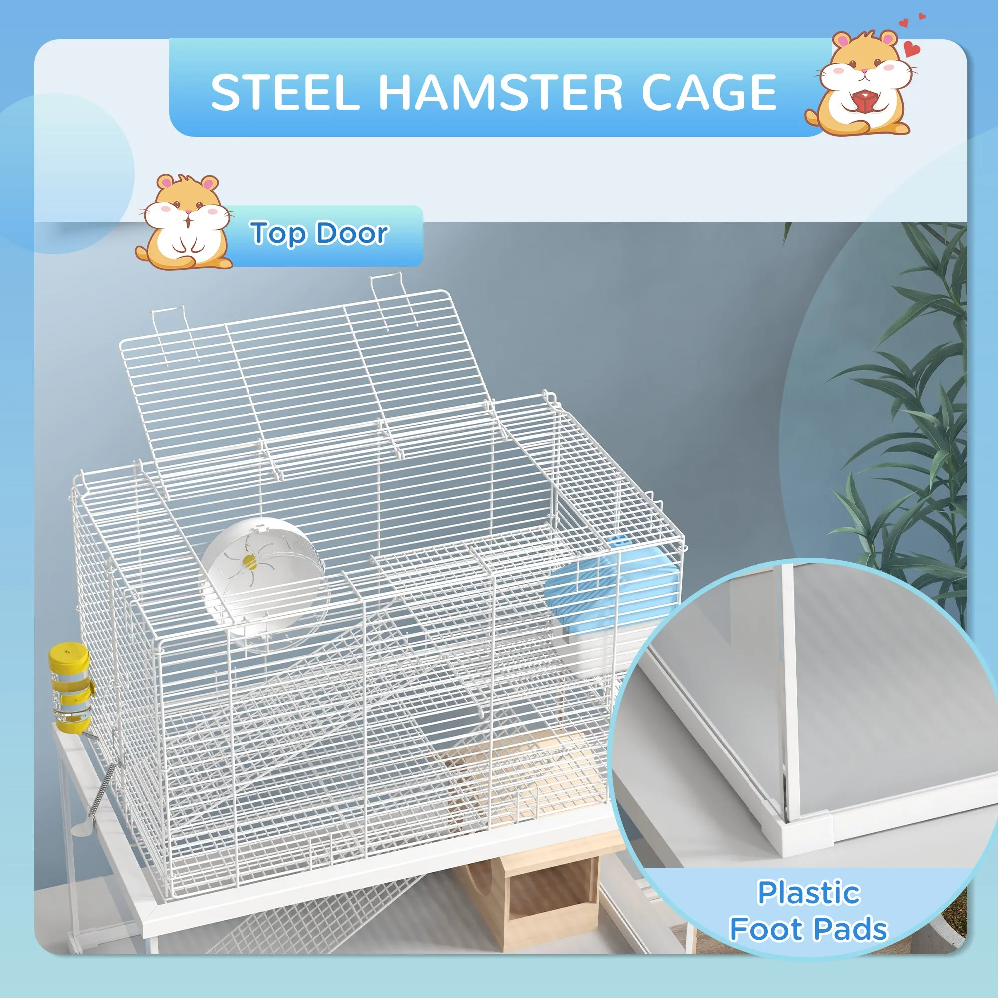 Gerbil Cage, Dwarf Hamster Cage w/ Deep Glass Bottom, Ramps Platforms Hut Exercise Wheel Water Bottle - White