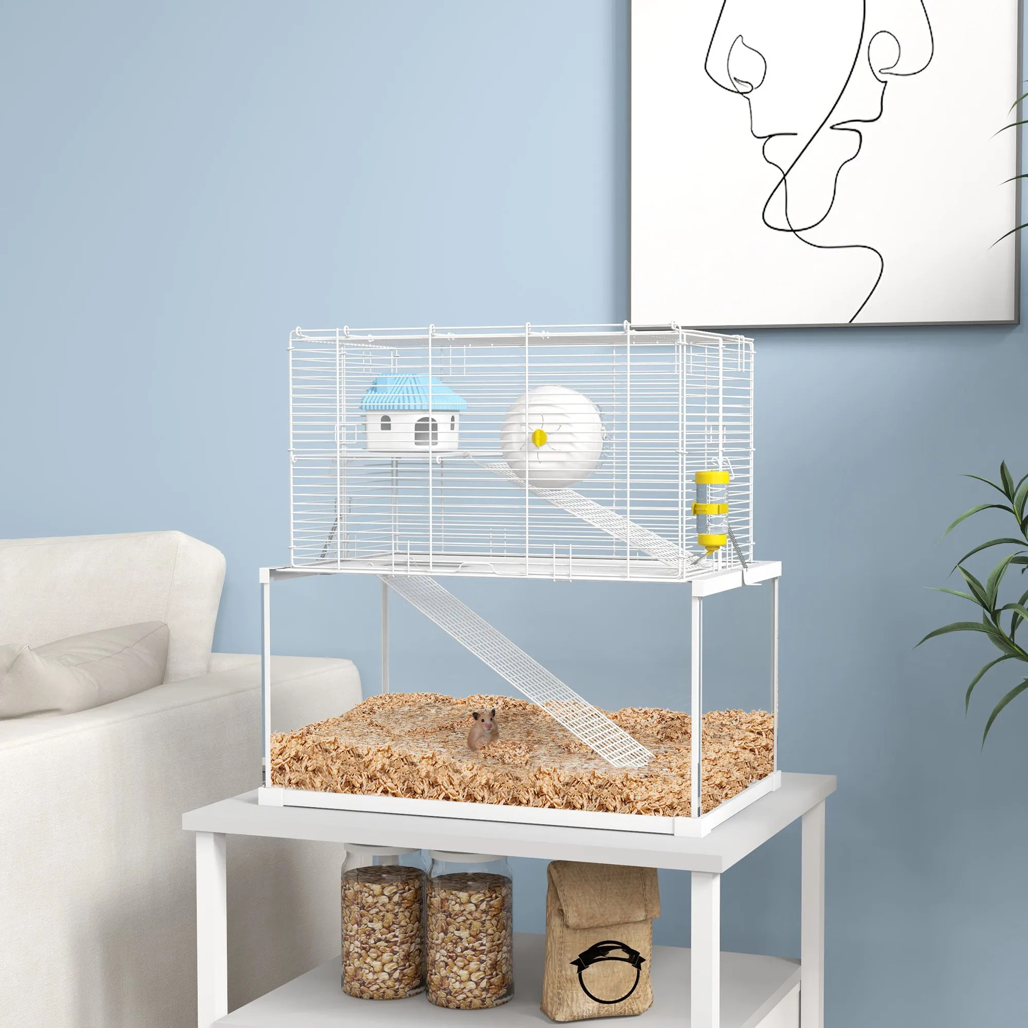 Gerbil Cage, Dwarf Hamster Cage w/ Deep Glass Bottom, Ramps Platforms Hut Exercise Wheel Water Bottle - White