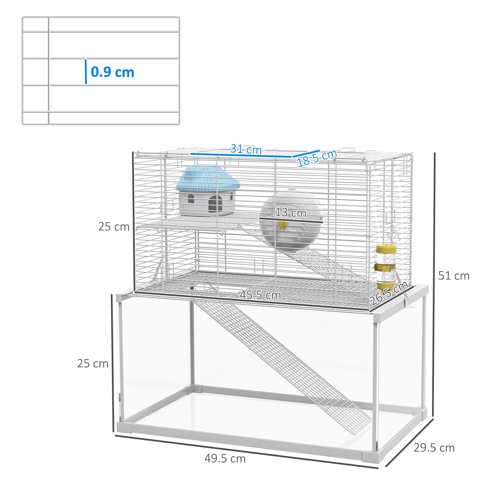 Gerbil Cage, Dwarf Hamster Cage w/ Deep Glass Bottom, Ramps Platforms Hut Exercise Wheel Water Bottle - White