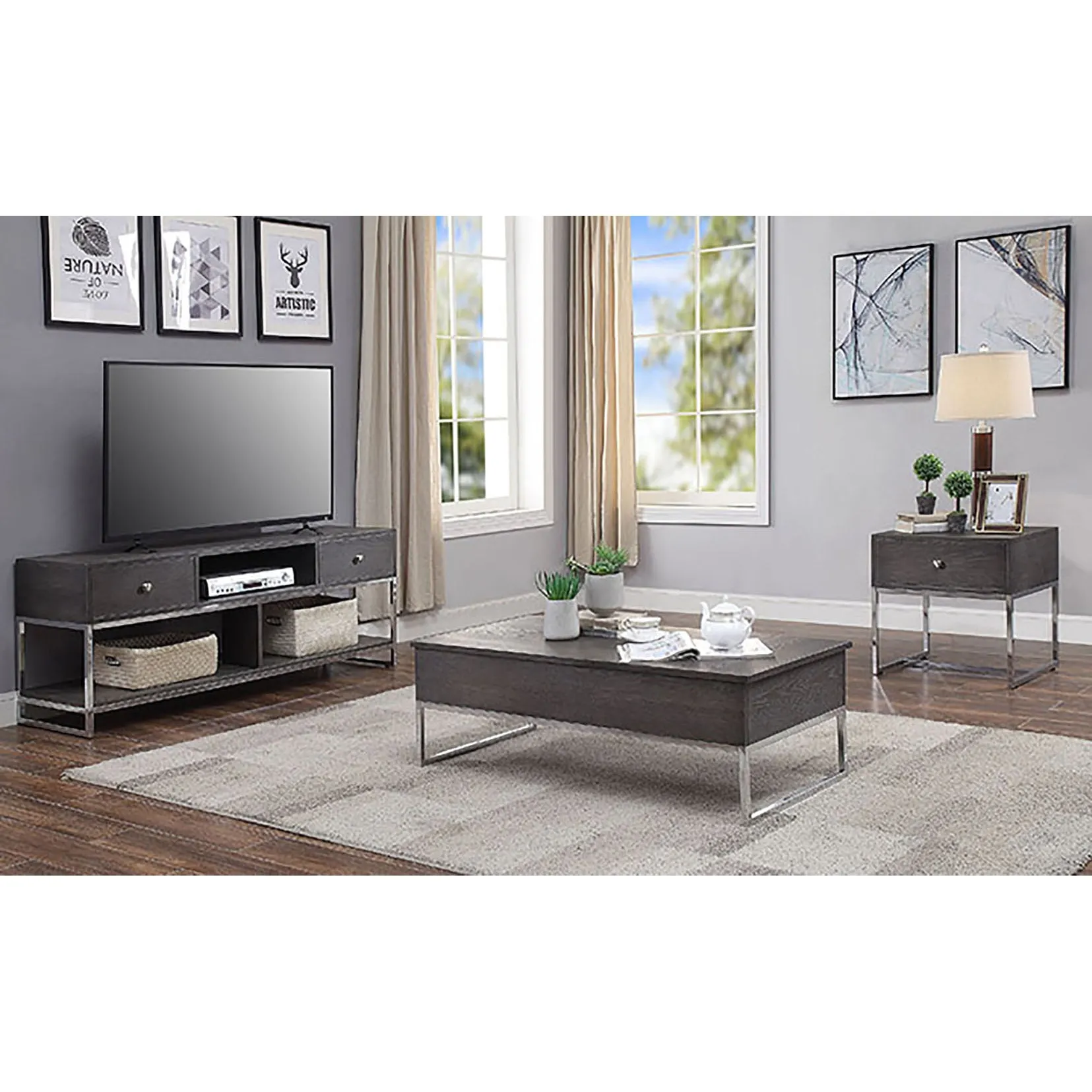 Grey Oak and Chrome Coffee Table with Lift Top