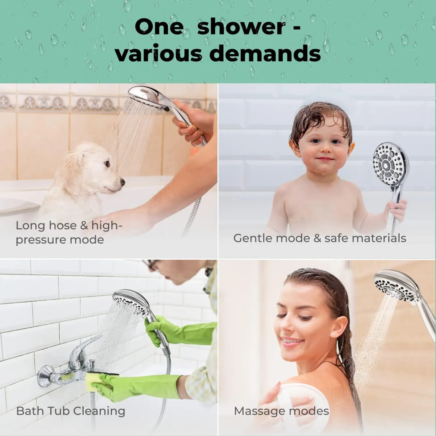 High Pressure 6 Settings Shower Head with Handheld Detachable Set Chrome Finish