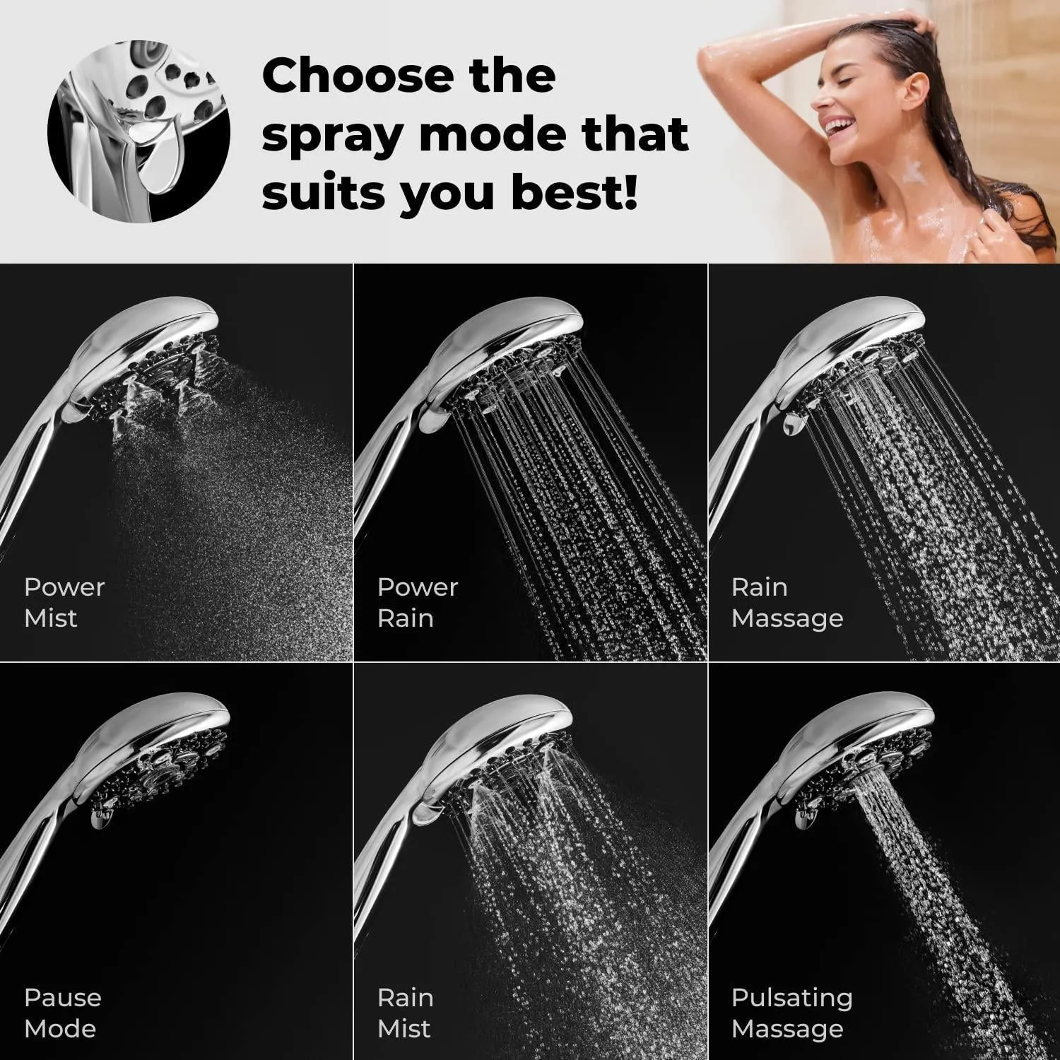 High Pressure 6 Settings Shower Head with Handheld Detachable Set Chrome Finish