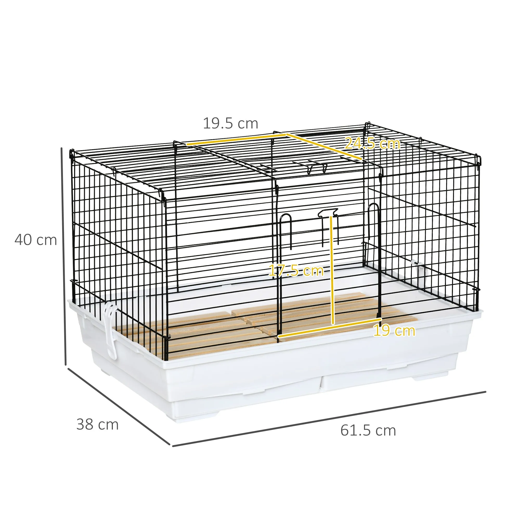 Indoor Small Animal Cage with Wood Floor, Bunny Guinea Pig House with Removable Trays, 61.5 x 38 x 40 cm, White