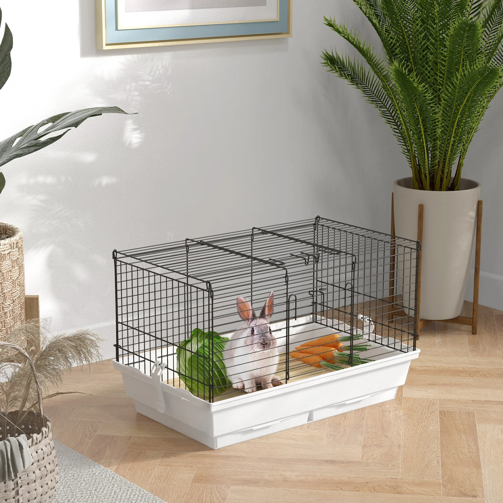 Indoor Small Animal Cage with Wood Floor, Bunny Guinea Pig House with Removable Trays, 61.5 x 38 x 40 cm, White