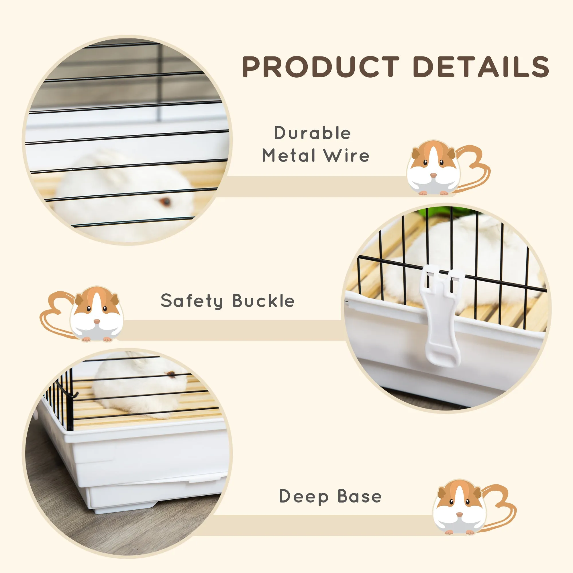 Indoor Small Animal Cage with Wood Floor, Bunny Guinea Pig House with Removable Trays, 61.5 x 38 x 40 cm, White