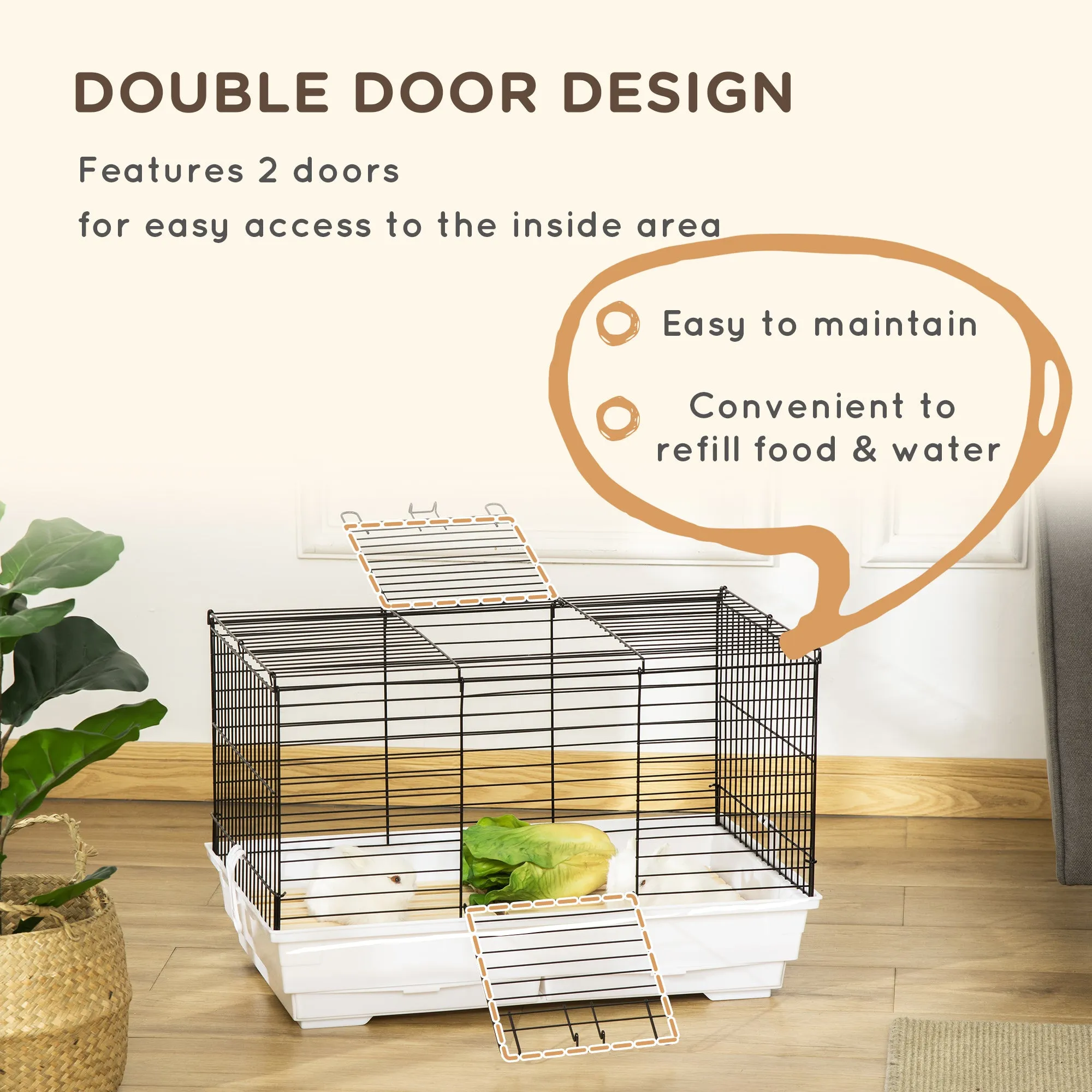 Indoor Small Animal Cage with Wood Floor, Bunny Guinea Pig House with Removable Trays, 61.5 x 38 x 40 cm, White