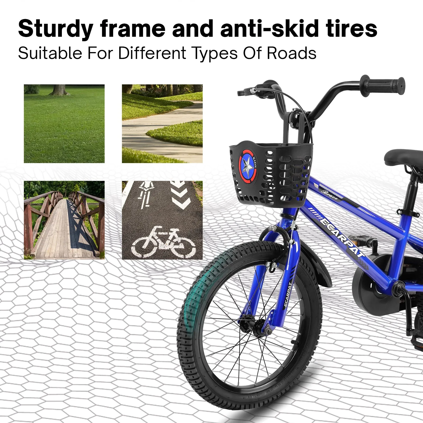 Kids Bike  16 inch for Boys & Girls with Training Wheels,  Freestyle Kids' Bicycle with Bell,Basket and fender.