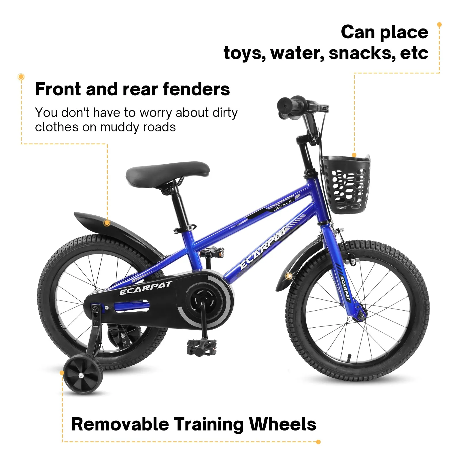 Kids Bike  16 inch for Boys & Girls with Training Wheels,  Freestyle Kids' Bicycle with Bell,Basket and fender.