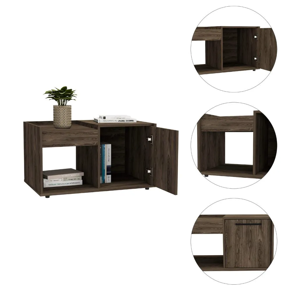 Lyon Coffee Table, Single Door Cabinet, One Open Shelf -Dark Walnut