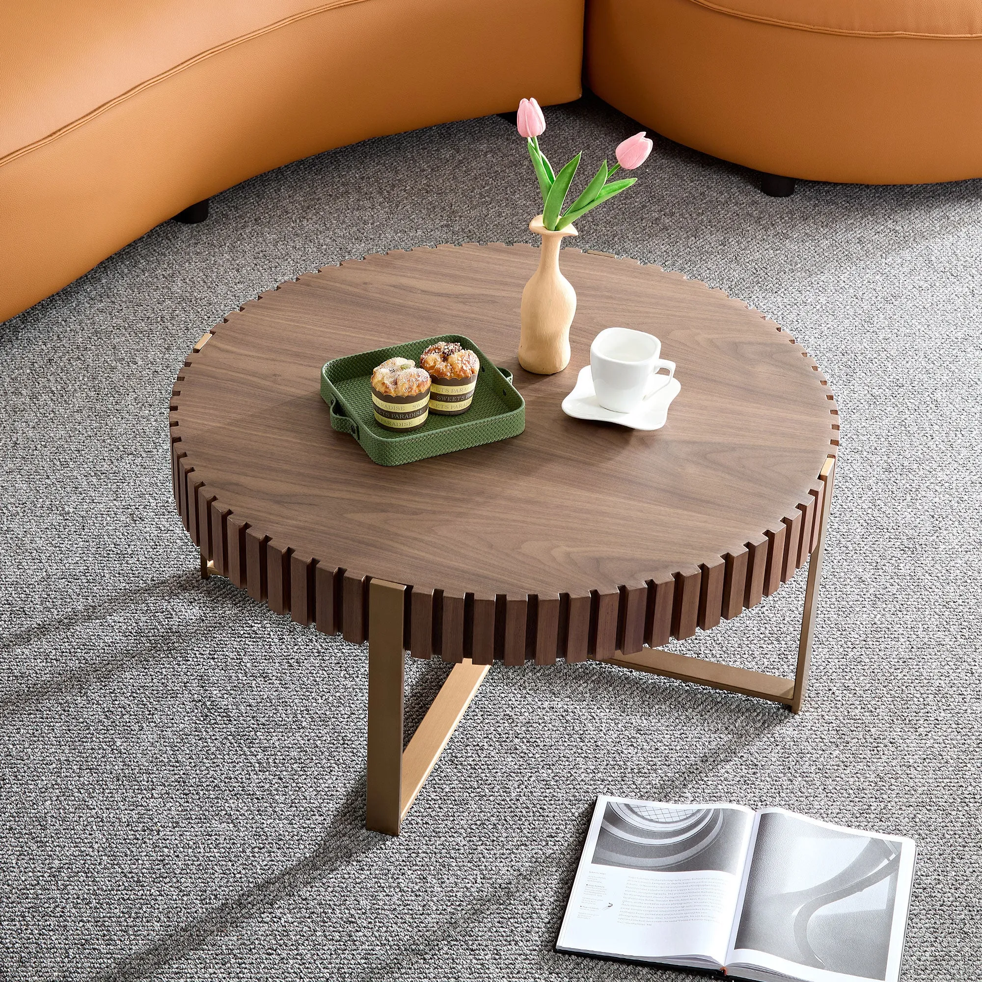 Modern Handcraft Drum Coffee Table 31.5 inch Round Coffee Table for Living Room,Small Coffee Table with Sturdy Pedestal,Walnut