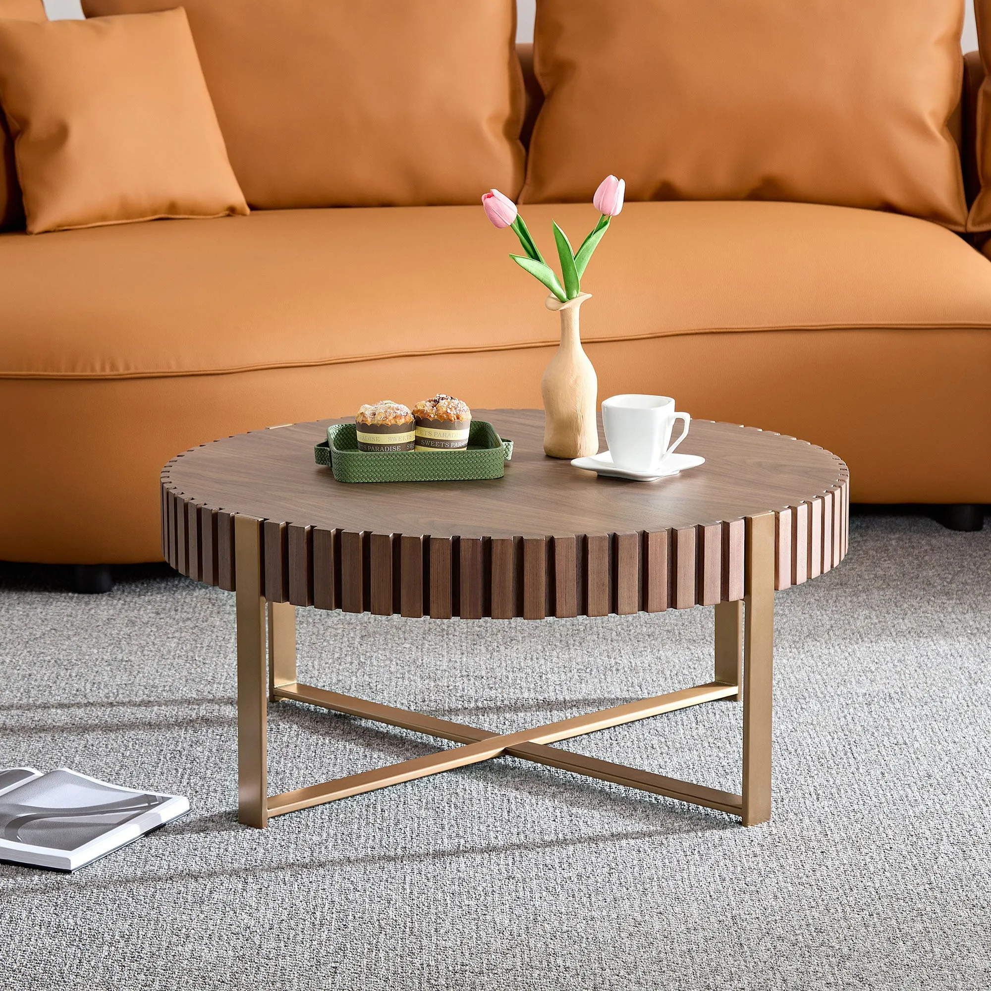 Modern Handcraft Drum Coffee Table 31.5 inch Round Coffee Table for Living Room,Small Coffee Table with Sturdy Pedestal,Walnut