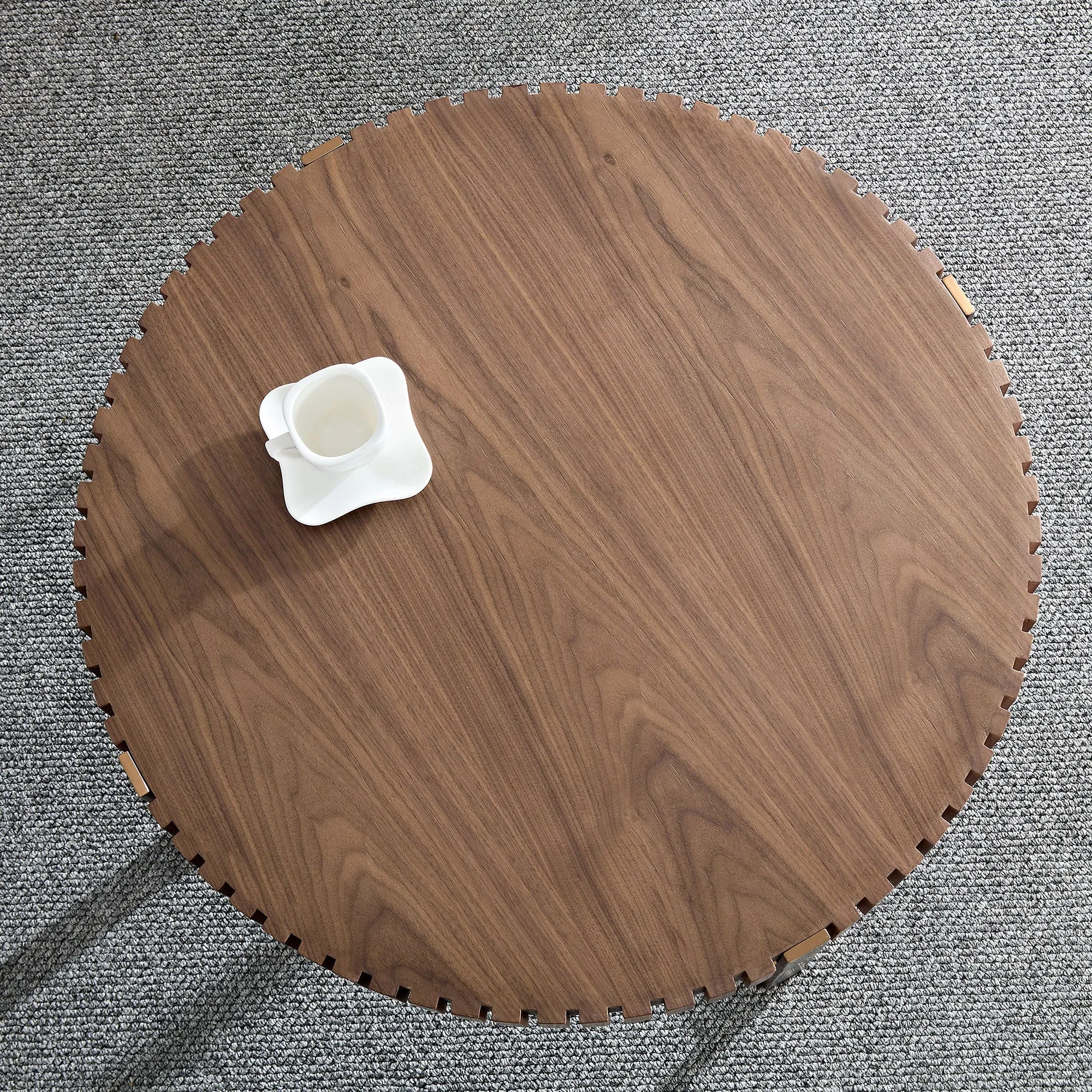 Modern Handcraft Drum Coffee Table 31.5 inch Round Coffee Table for Living Room,Small Coffee Table with Sturdy Pedestal,Walnut