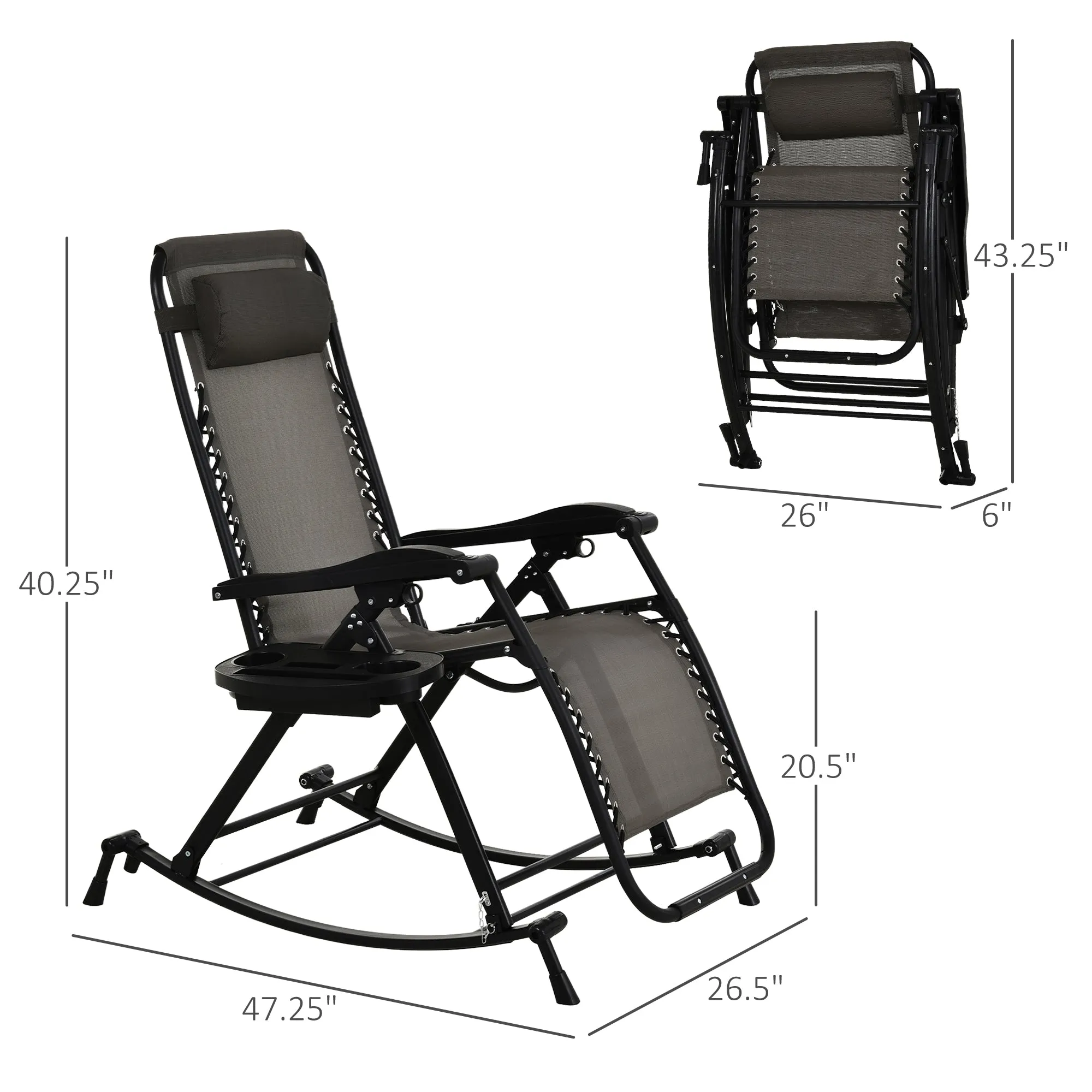 Outdoor Rocking Chairs, Foldable Reclining Anti Gravity Lounge Rocker w/ Pillow, Cup & Phone Holder, Combo Design w/ Folding Legs, Gray