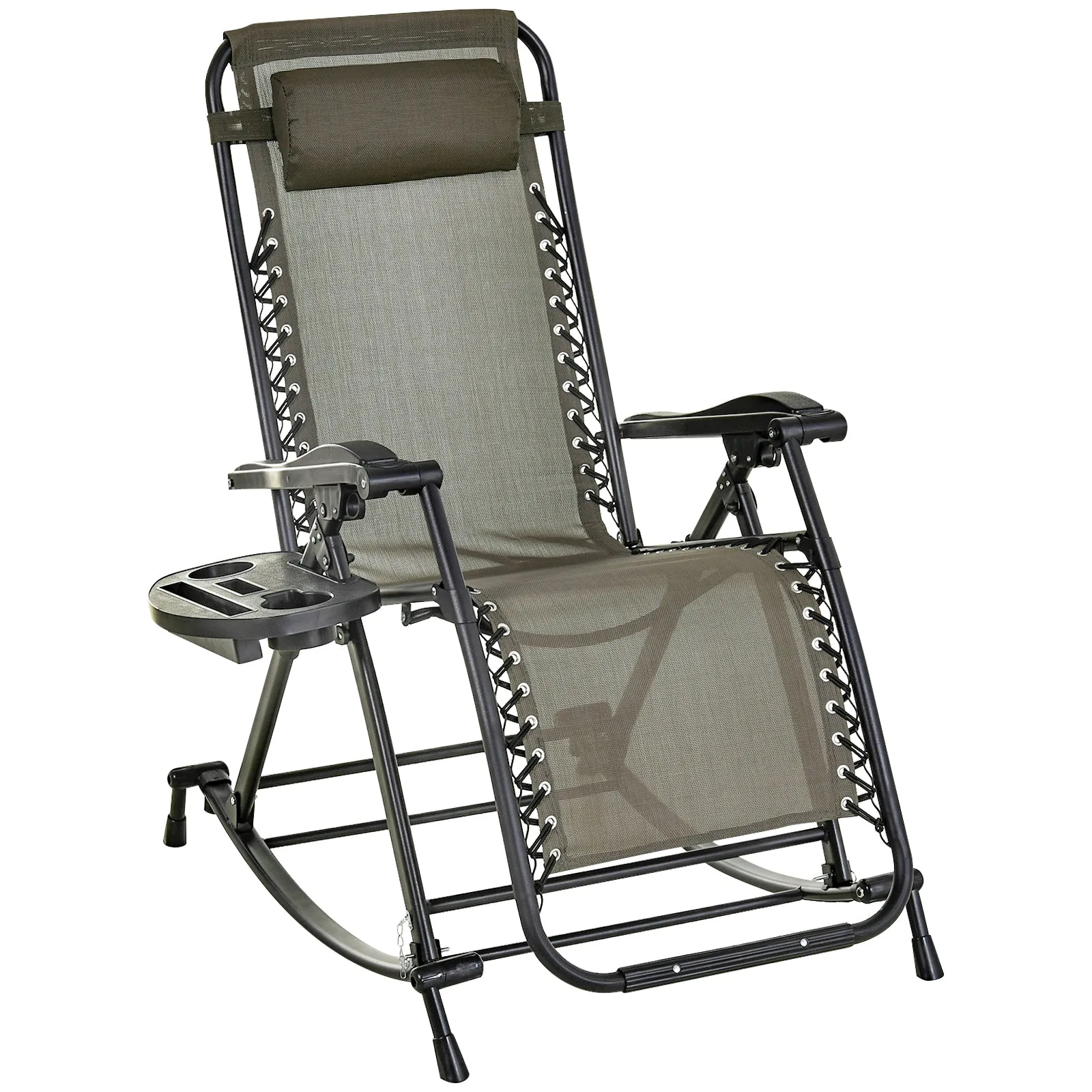 Outdoor Rocking Chairs, Foldable Reclining Anti Gravity Lounge Rocker w/ Pillow, Cup & Phone Holder, Combo Design w/ Folding Legs, Gray