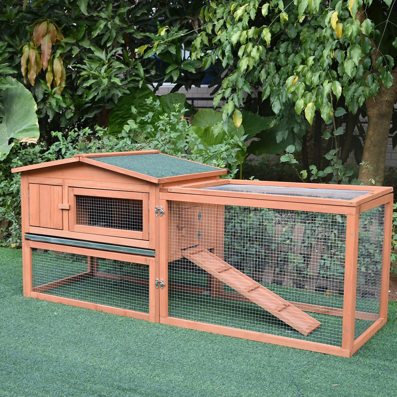 PawHut Rabbit Hutch 2-Story Bunny Cage Small Animal House with Slide Out Tray, Detachable Run, for Indoor Outdoor, 61.5" x 23" x 27", Natural