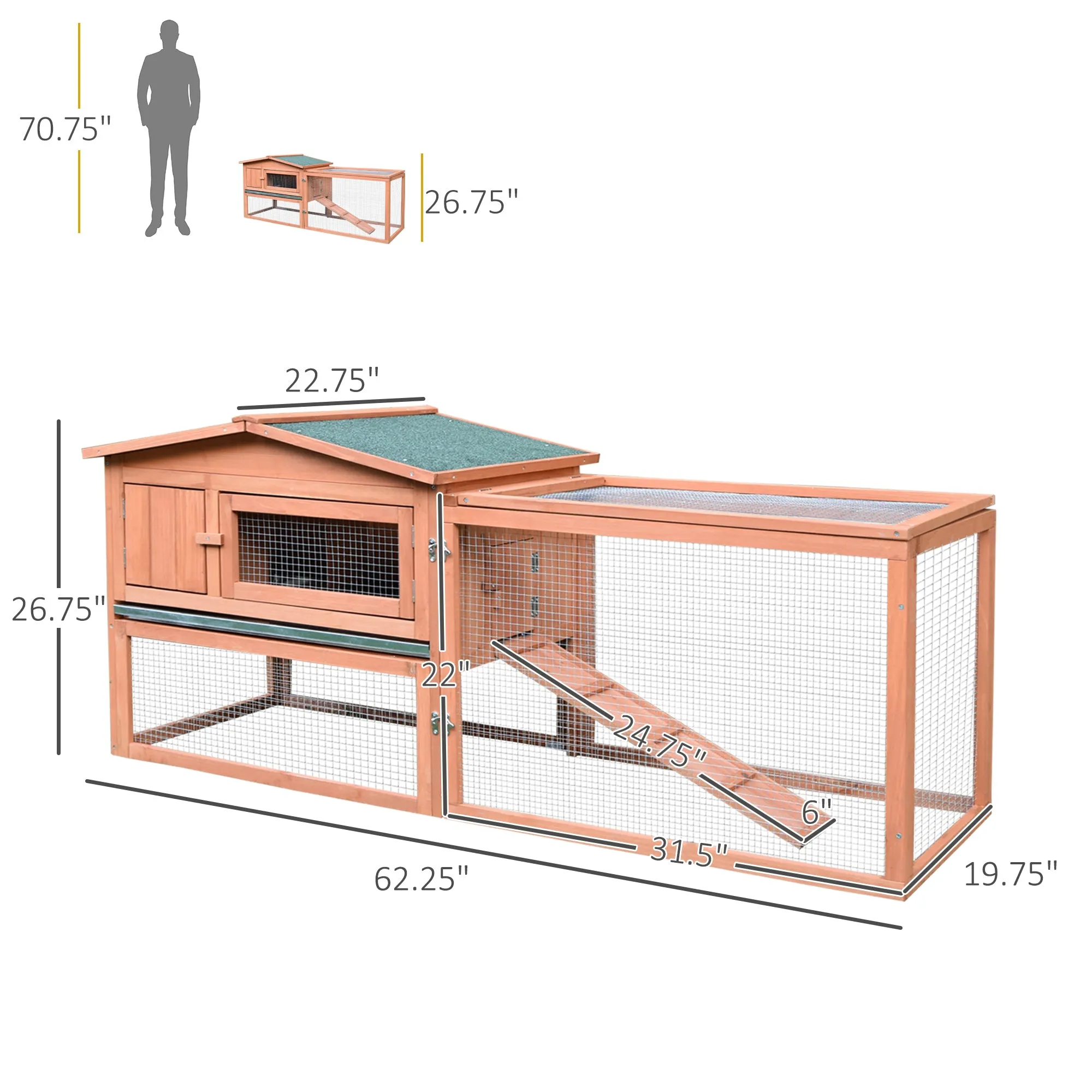 PawHut Rabbit Hutch 2-Story Bunny Cage Small Animal House with Slide Out Tray, Detachable Run, for Indoor Outdoor, 61.5" x 23" x 27", Natural