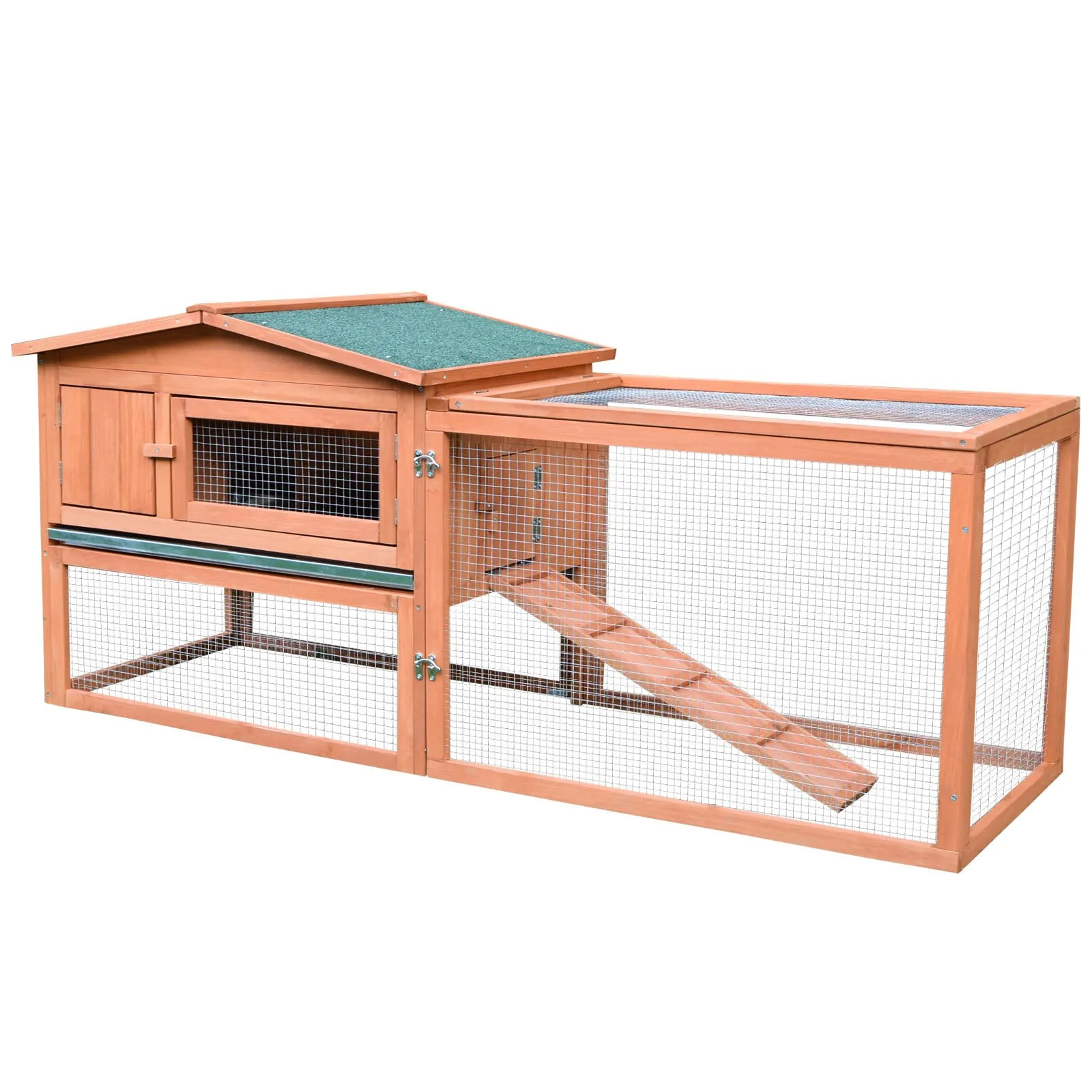 PawHut Rabbit Hutch 2-Story Bunny Cage Small Animal House with Slide Out Tray, Detachable Run, for Indoor Outdoor, 61.5" x 23" x 27", Natural