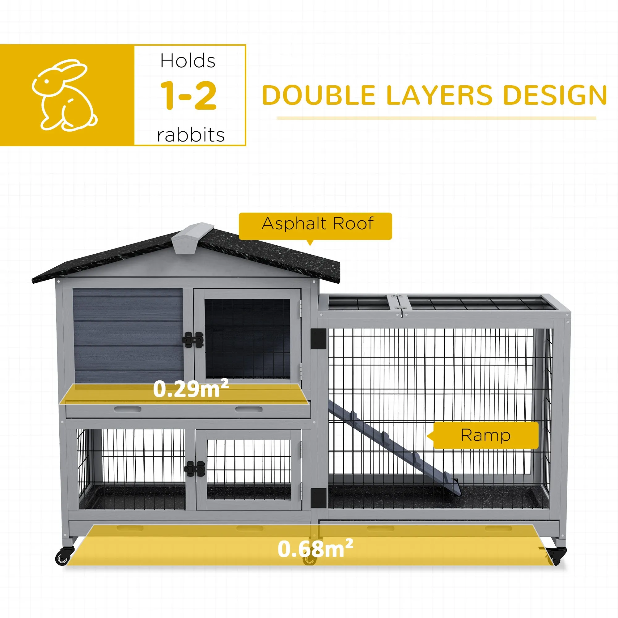 PawHut Rabbit Hutch 2-Story Bunny Cage Small Animal House with Slide Out Tray, Wheels, for Indoor Outdoor, 59.8" x 20.9" x 39.2", Gray