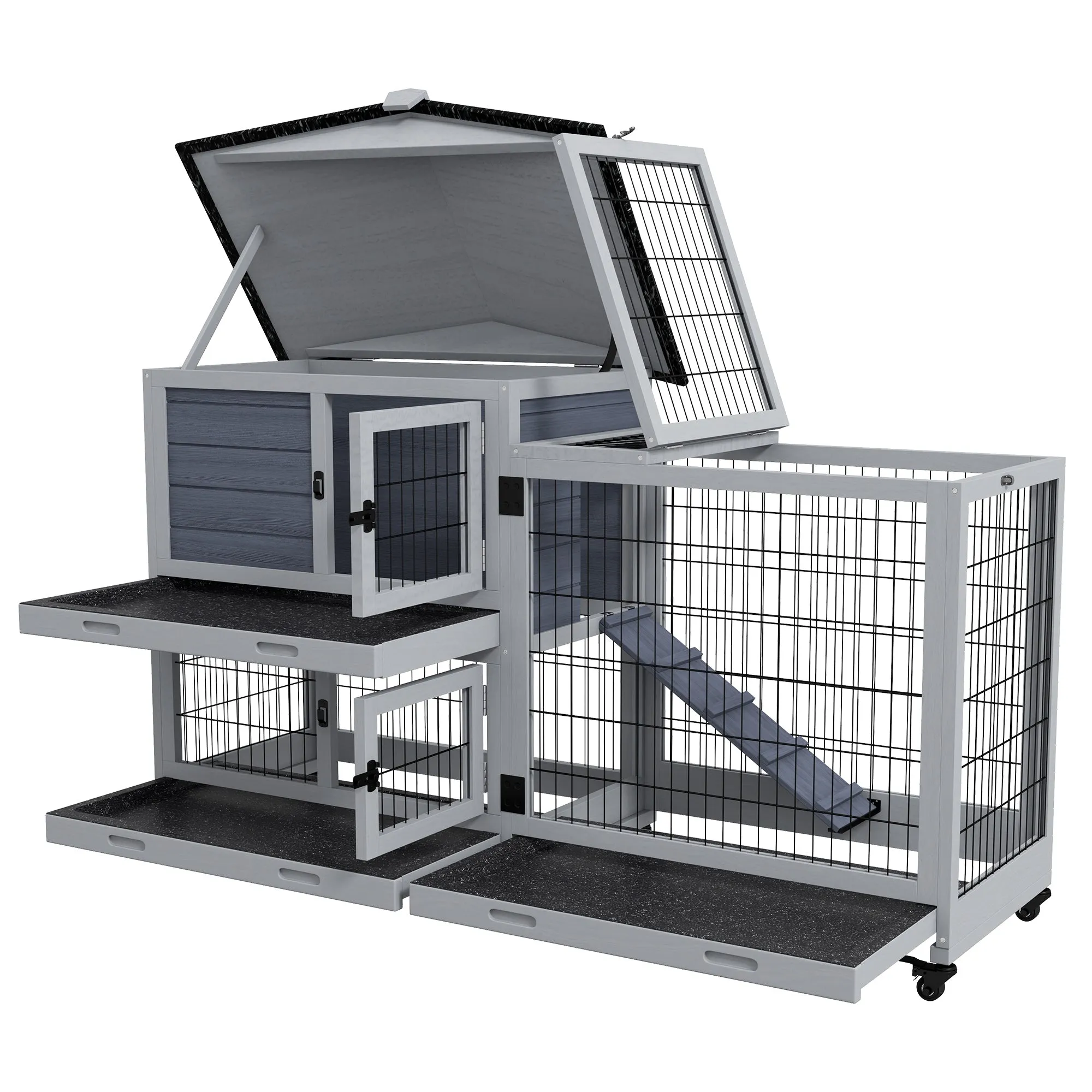 PawHut Rabbit Hutch 2-Story Bunny Cage Small Animal House with Slide Out Tray, Wheels, for Indoor Outdoor, 59.8" x 20.9" x 39.2", Gray