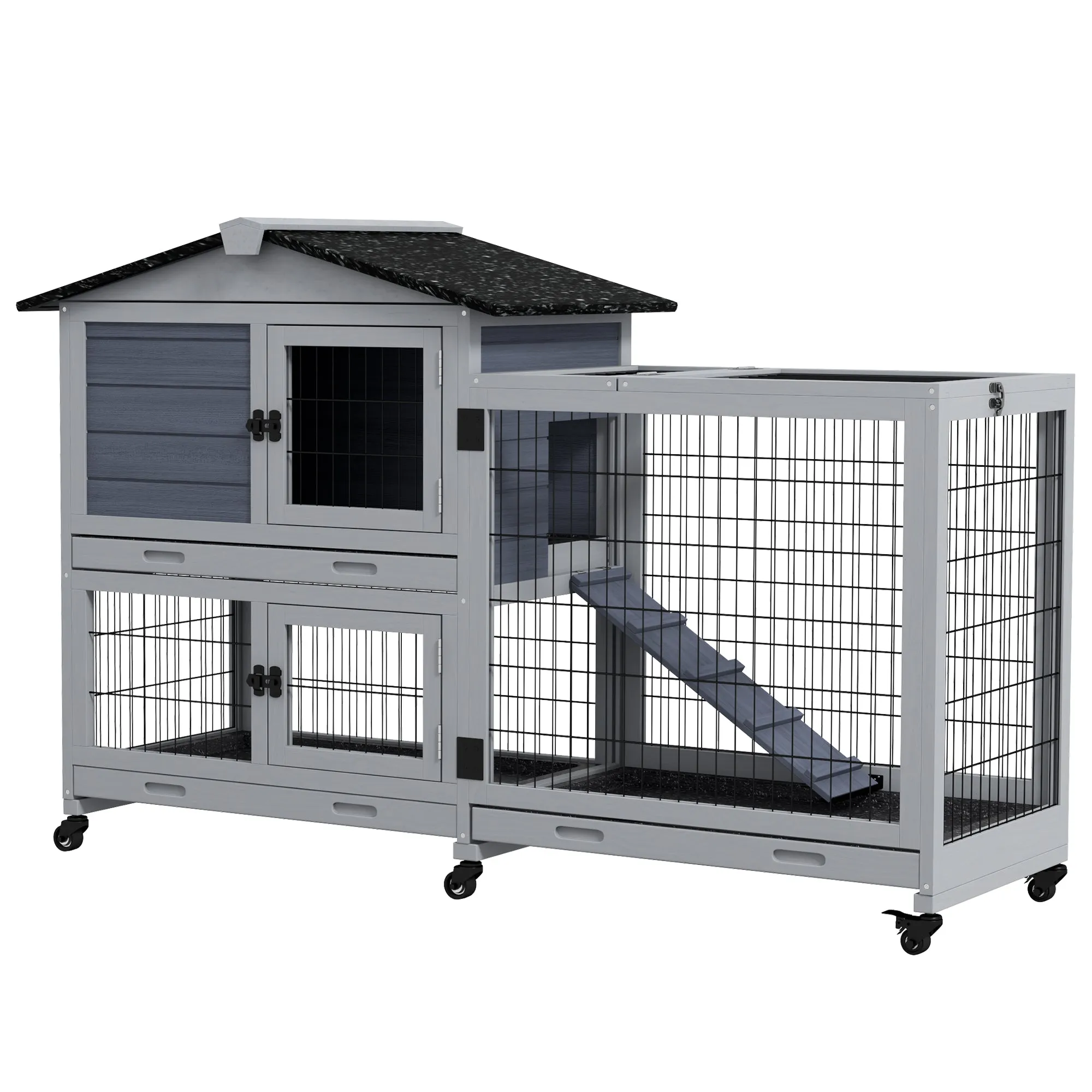 PawHut Rabbit Hutch 2-Story Bunny Cage Small Animal House with Slide Out Tray, Wheels, for Indoor Outdoor, 59.8" x 20.9" x 39.2", Gray