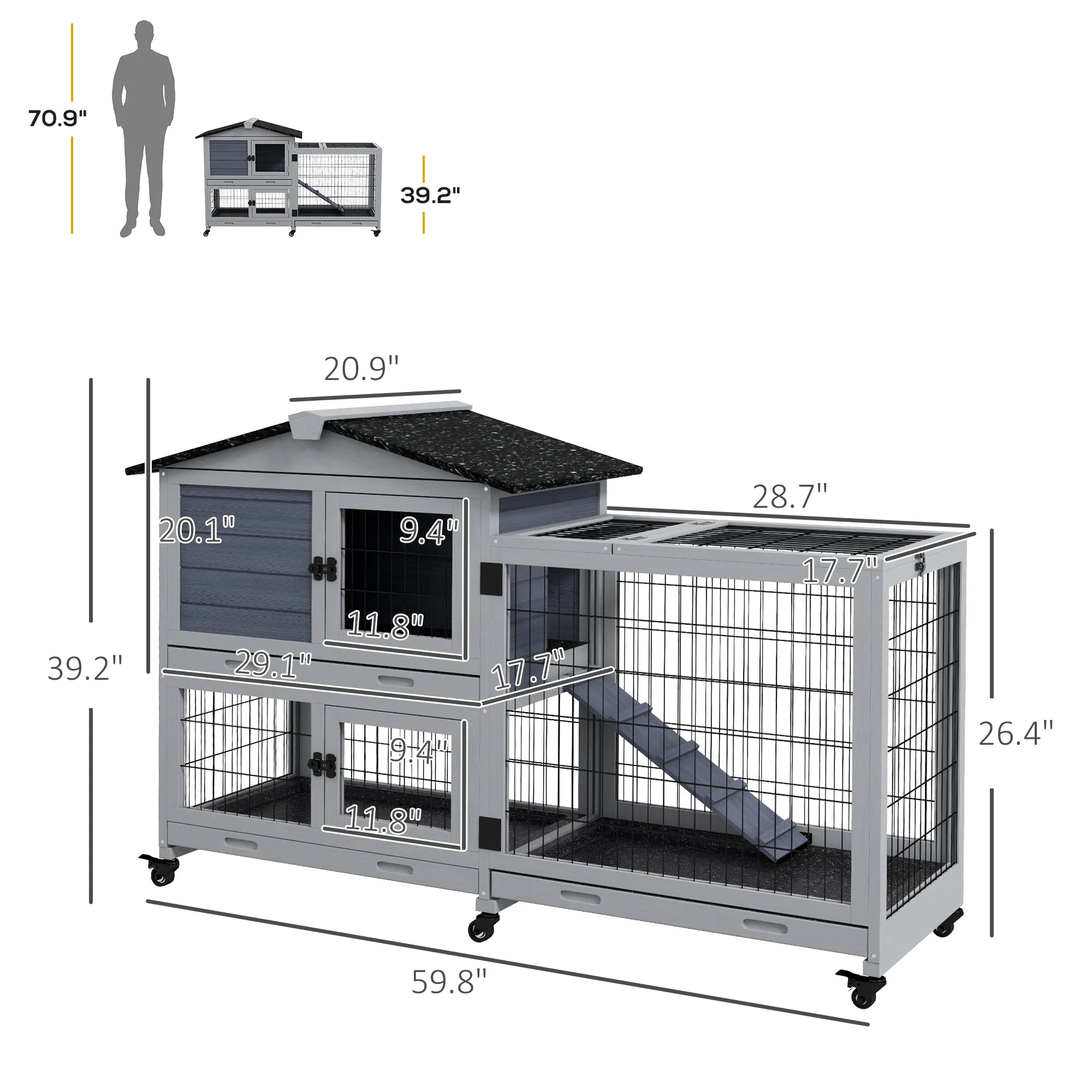 PawHut Rabbit Hutch 2-Story Bunny Cage Small Animal House with Slide Out Tray, Wheels, for Indoor Outdoor, 59.8" x 20.9" x 39.2", Gray